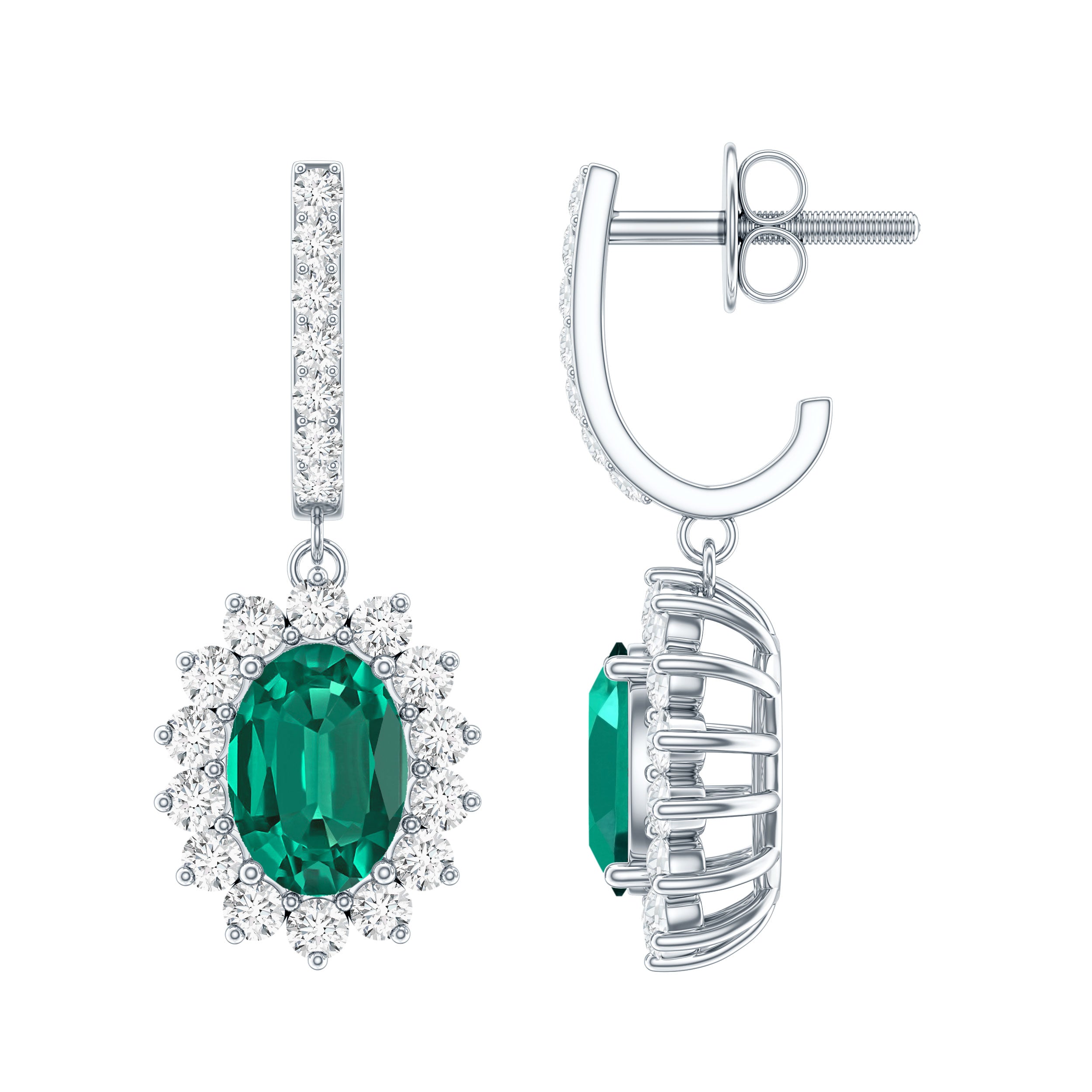 1.7 Carat Oval Shape Lab Grown Emerald Drop Earrings with Diamond AAAA - Rosec Jewels