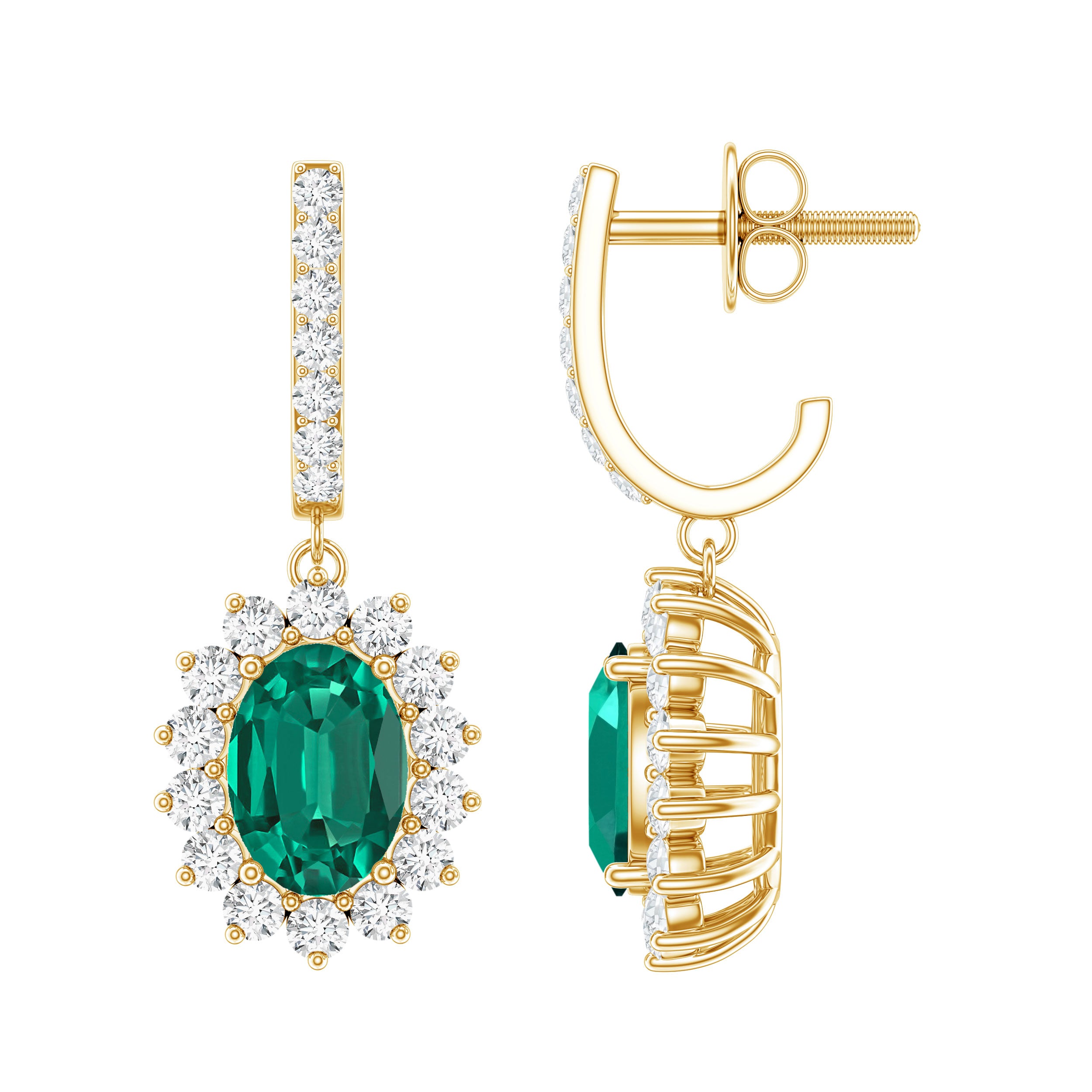 1.7 Carat Oval Shape Lab Grown Emerald Drop Earrings with Diamond AAAA - Rosec Jewels