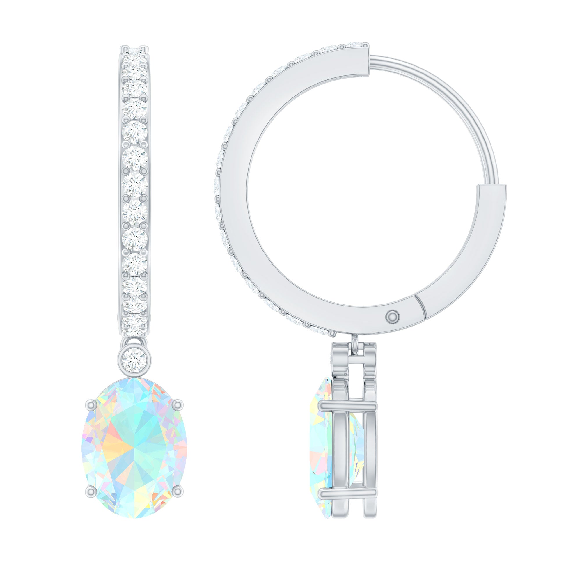 6X8 MM Oval Rainbow Opal and Moissanite Hinged Hoop Earrings