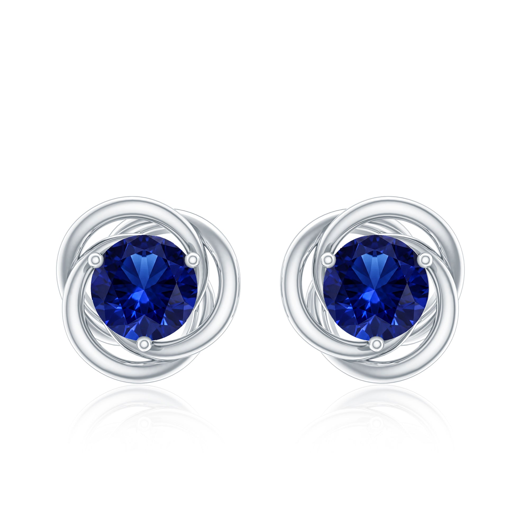 Created Blue Sapphire Solitaire Swirl Stud Earrings AAAA - Rosec Jewels