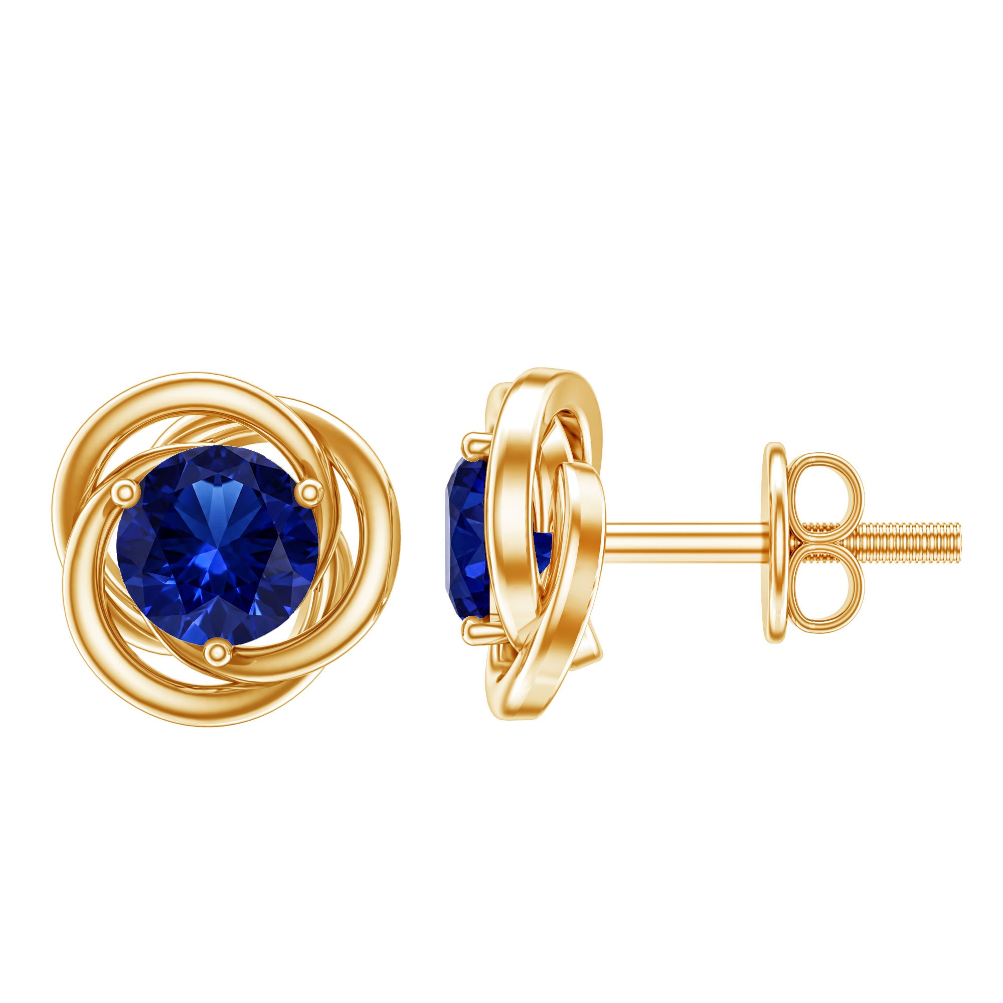Created Blue Sapphire Solitaire Swirl Stud Earrings AAAA - Rosec Jewels