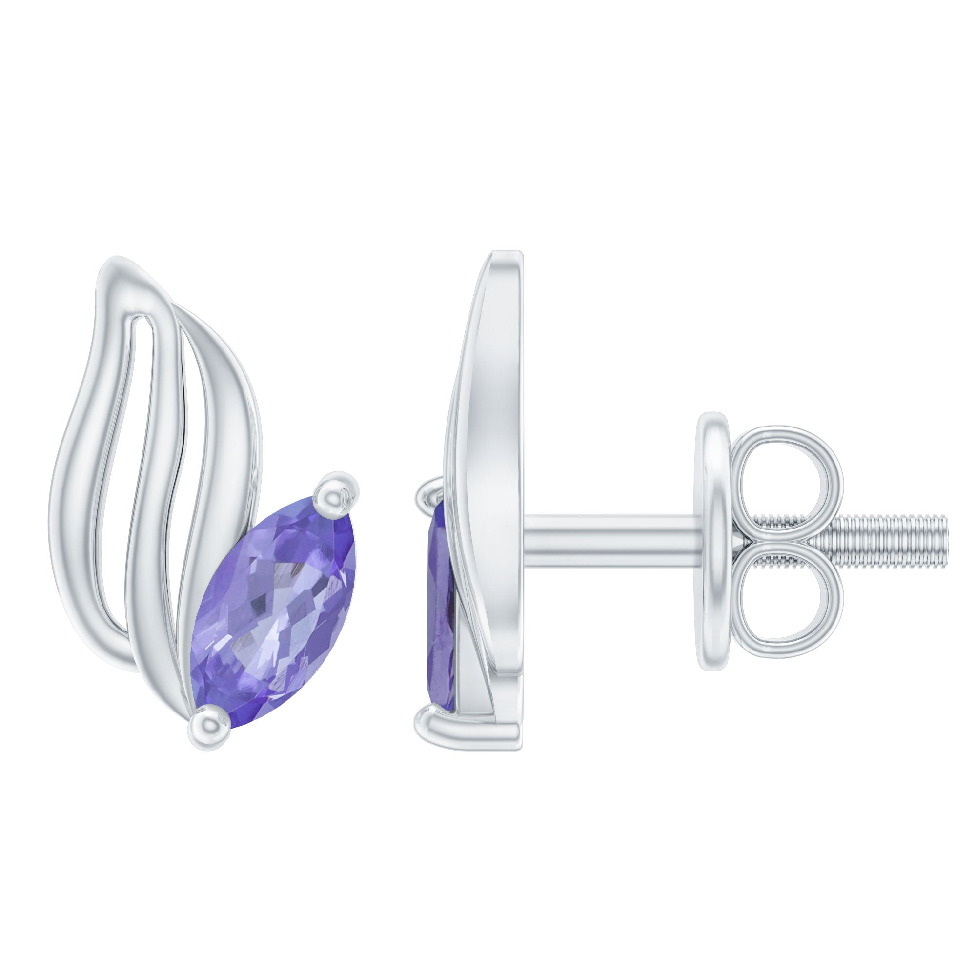 Genuine Tanzanite Leaf Stud Earrings with Screw on Back