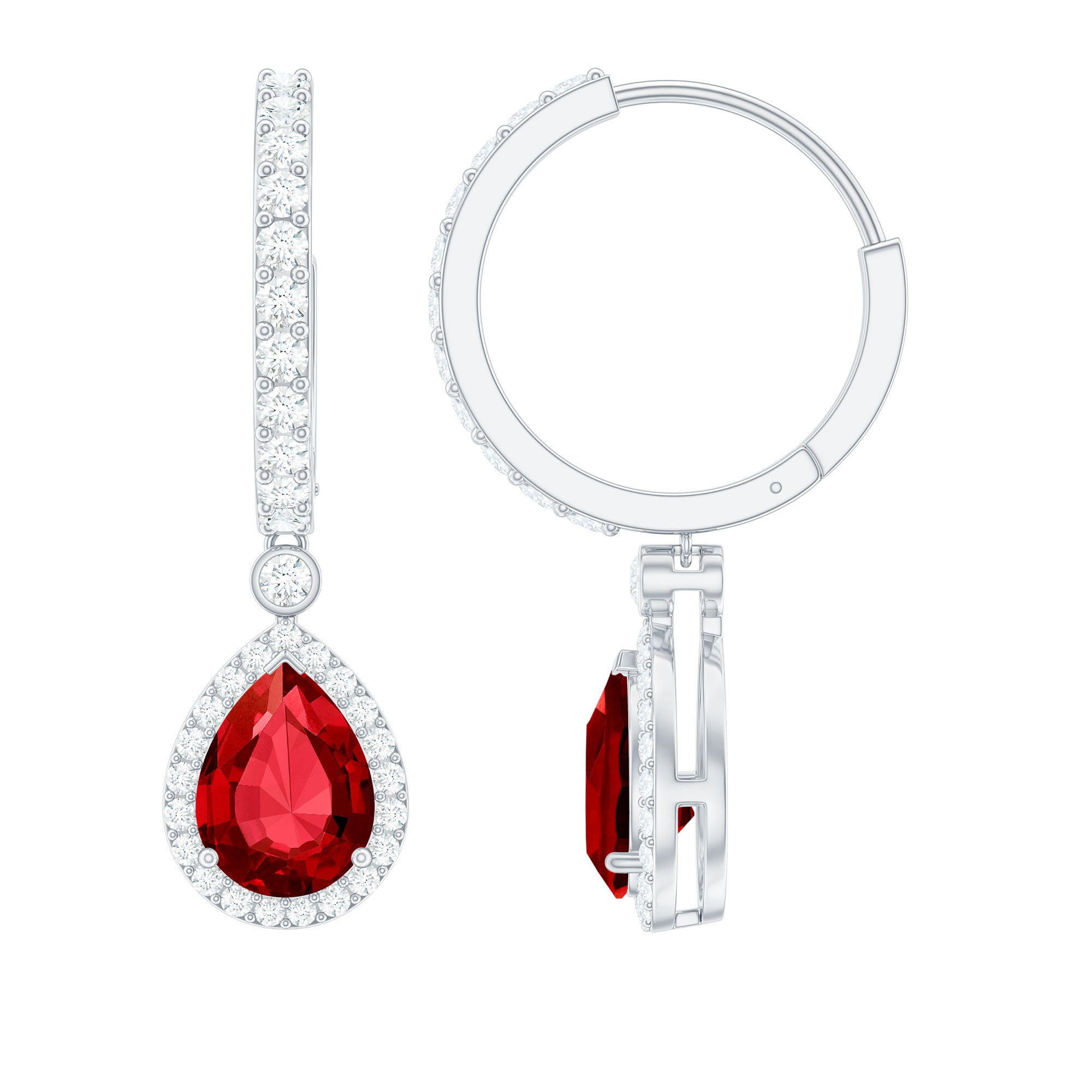 Lab Created Ruby and Moissanite Teardrop Hoop Earrings