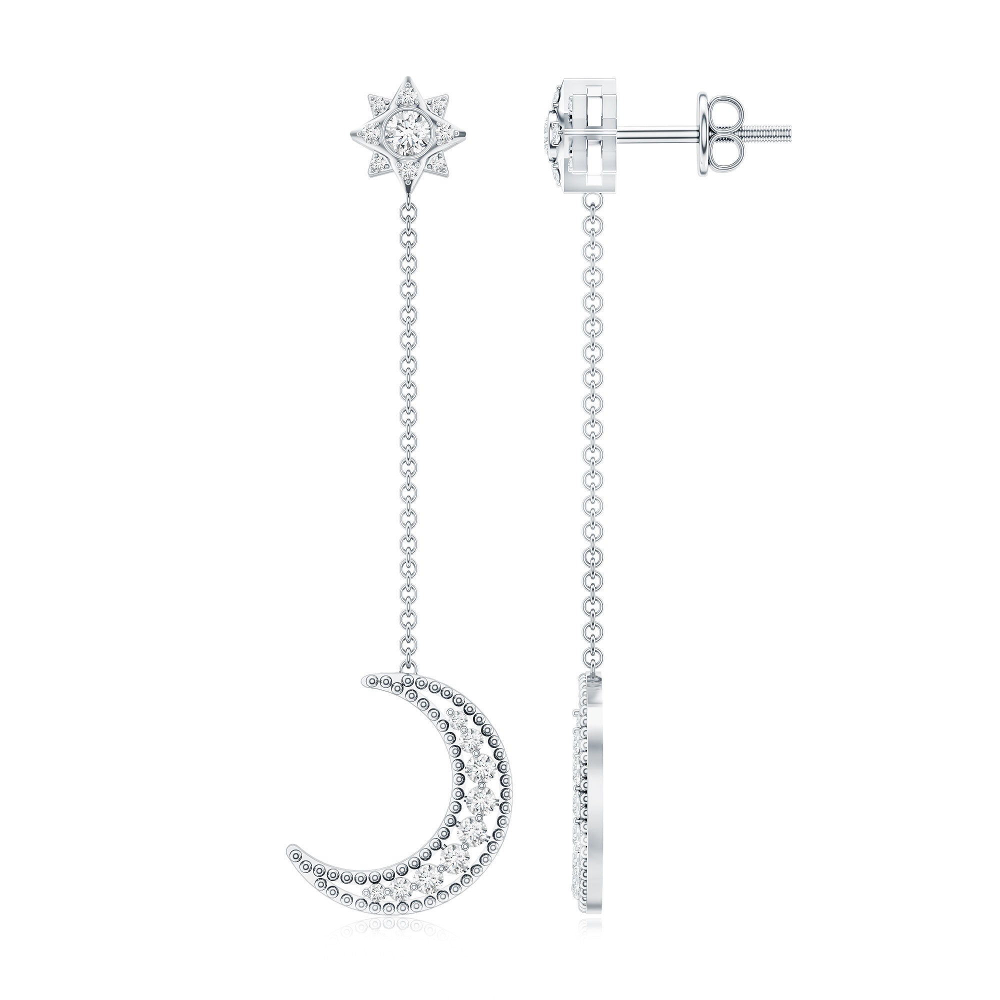 Certified Diamond Star and Moon Chain Earrings Natural - ( HI-SI ) - Rosec Jewels
