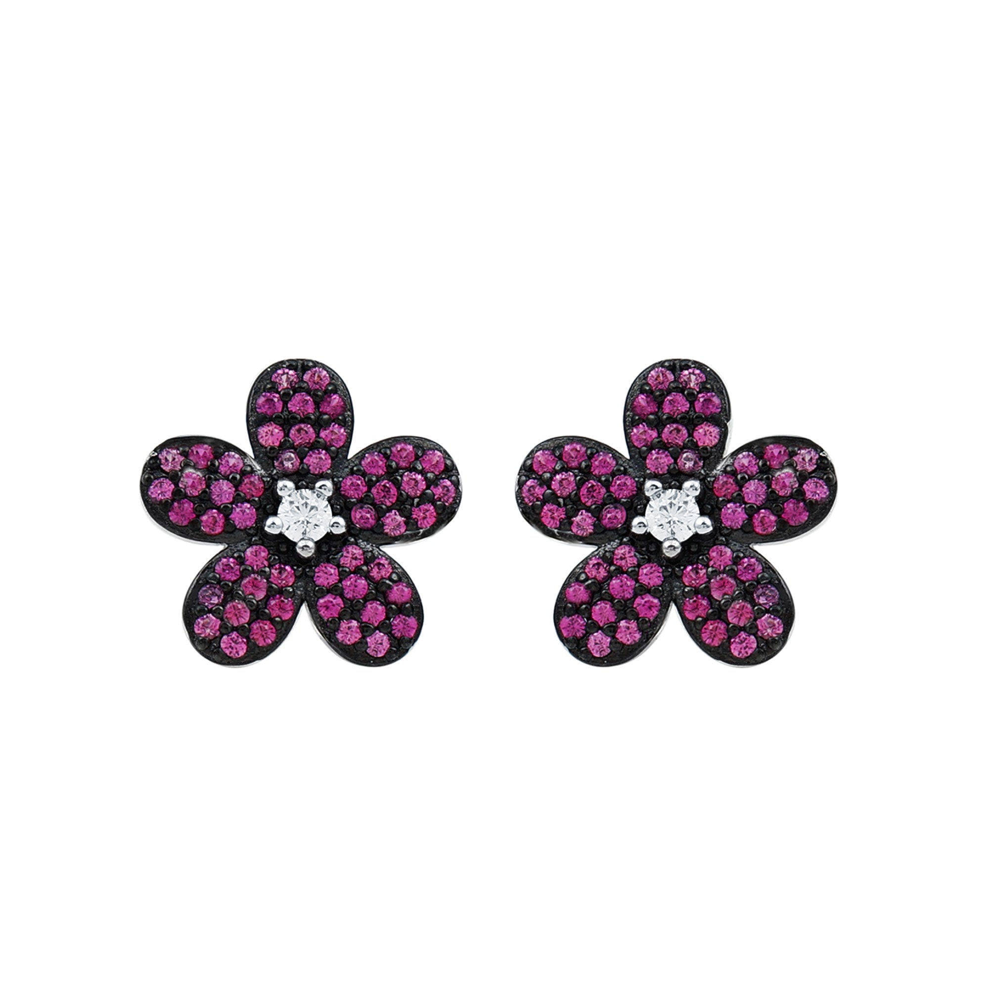 Rosec Jewels-Certified Lab Grown Pink Sapphire Flower Earrings in Sterling Silver
