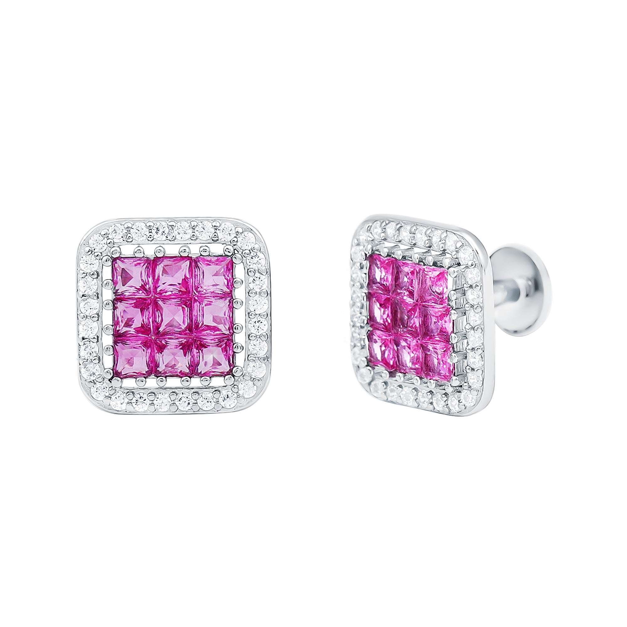 Rosec Jewels-Certified Lab Grown Pink Sapphire Stud Earrings with CZ Diamond