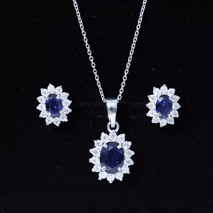 Oval Shaped Lab Created Blue Sapphire Necklace and Earrings Set with Moissanite Halo AAAA - Rosec Jewels