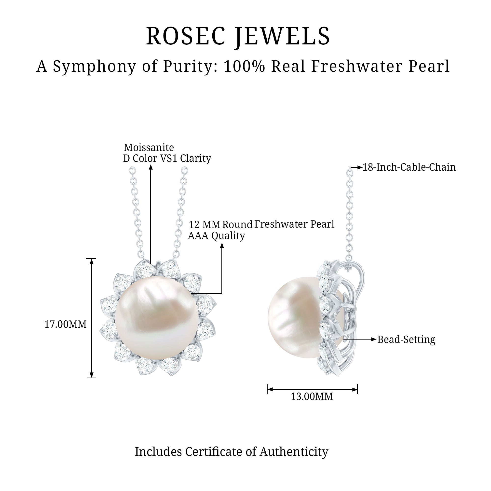 Freshwater Pearl and Moissanite Flower Chain Necklace AAA - Rosec Jewels