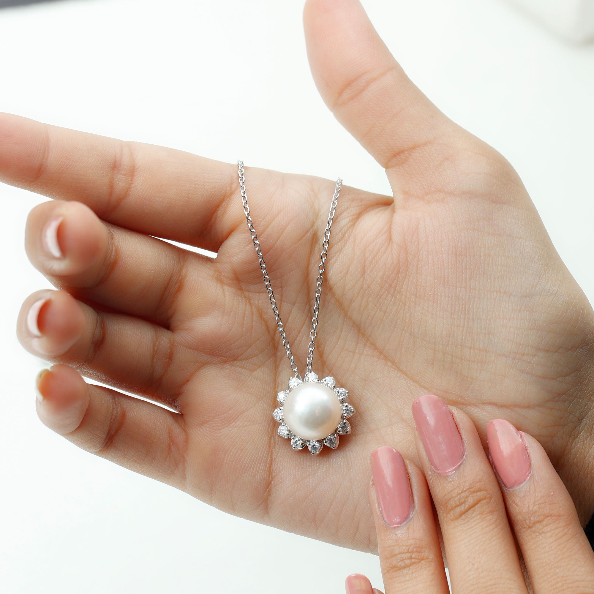 Freshwater Pearl and Moissanite Flower Chain Necklace AAA - Rosec Jewels