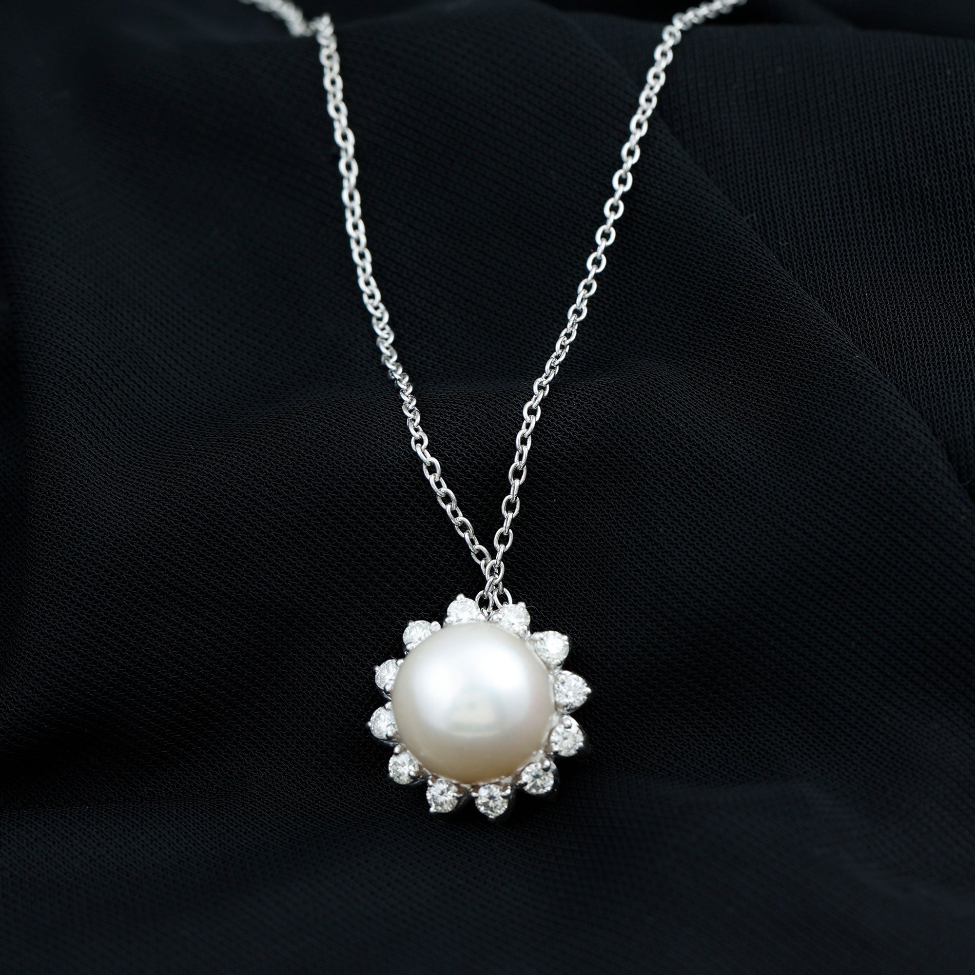 Freshwater Pearl and Moissanite Flower Chain Necklace AAA - Rosec Jewels