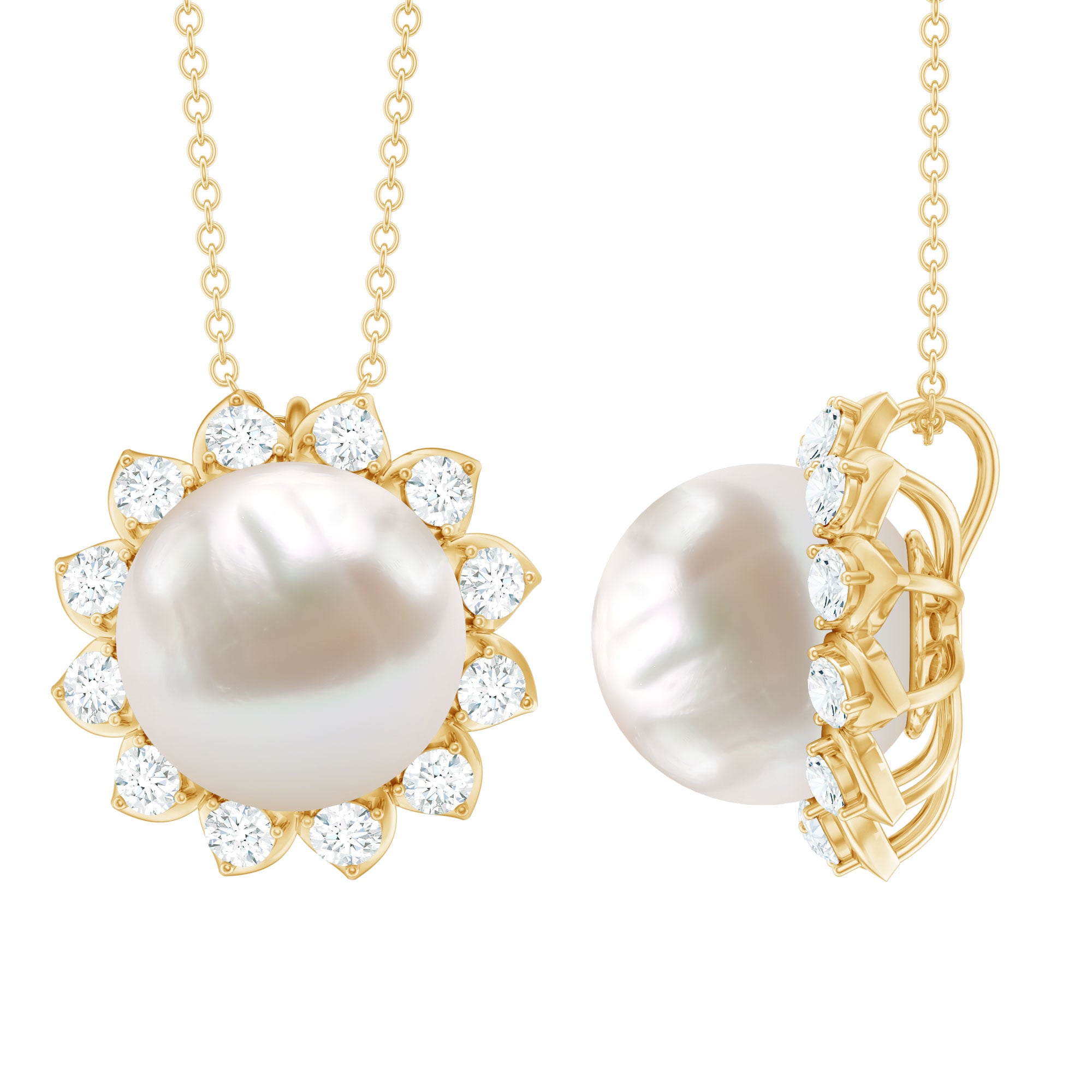 Freshwater Pearl and Moissanite Flower Chain Necklace AAA - Rosec Jewels