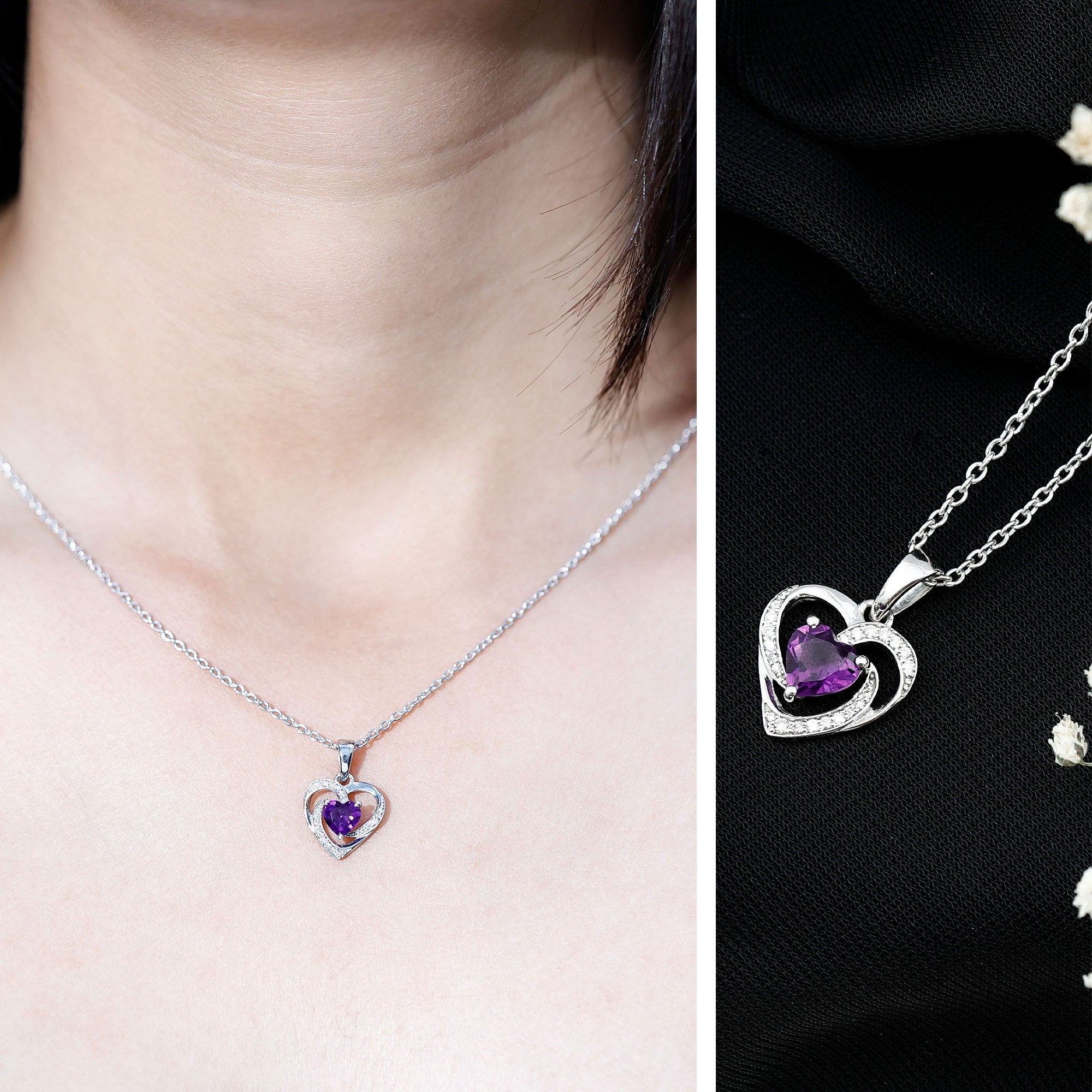 Natural 1 Carat Amethyst Heart Pendant Necklace with Diamond AAA - Rosec Jewels
