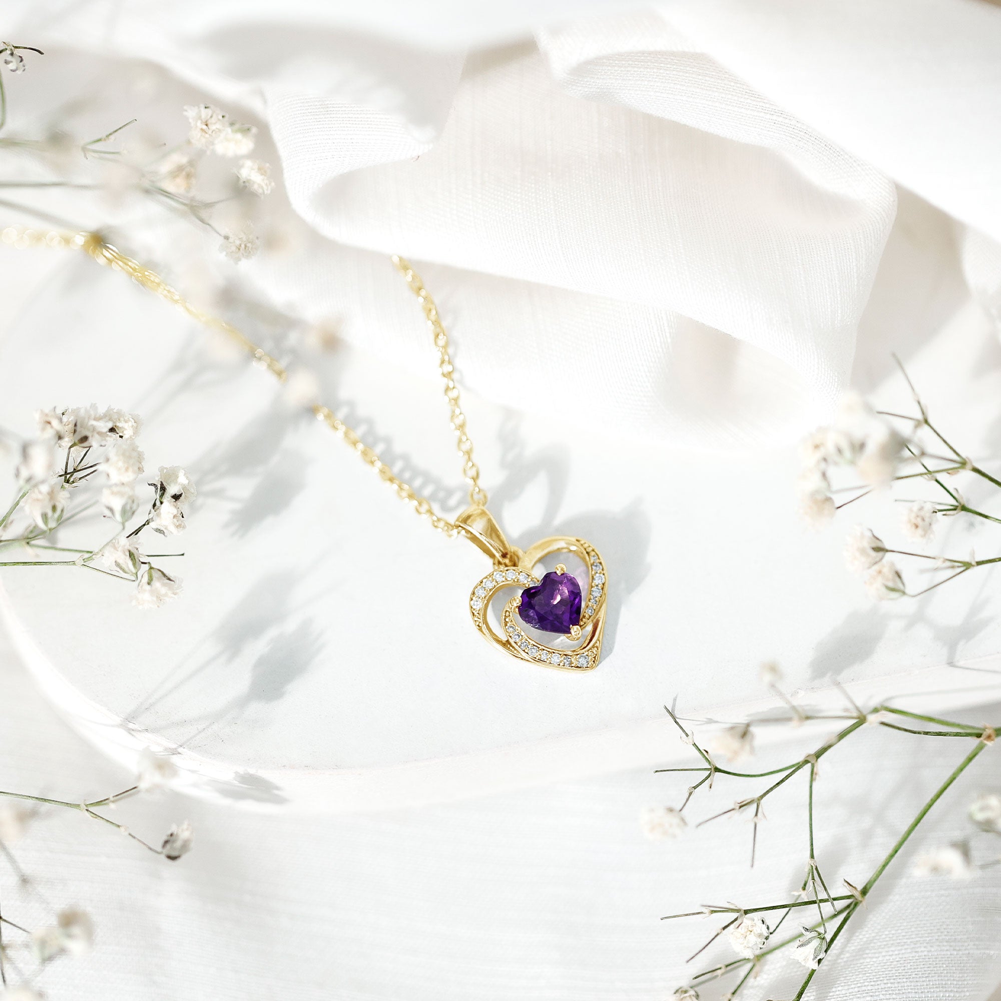Natural 1 Carat Amethyst Heart Pendant Necklace with Diamond AAA - Rosec Jewels