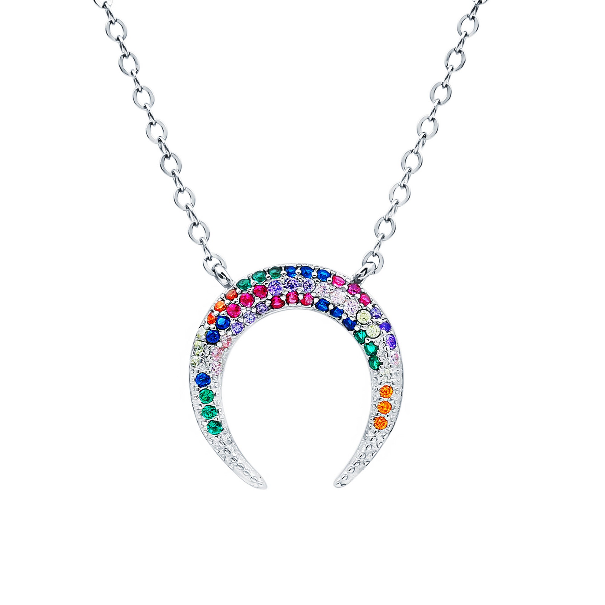 Rosec Jewels-Certified Multi Gemstone Rainbow Horseshoe Necklace in Silver