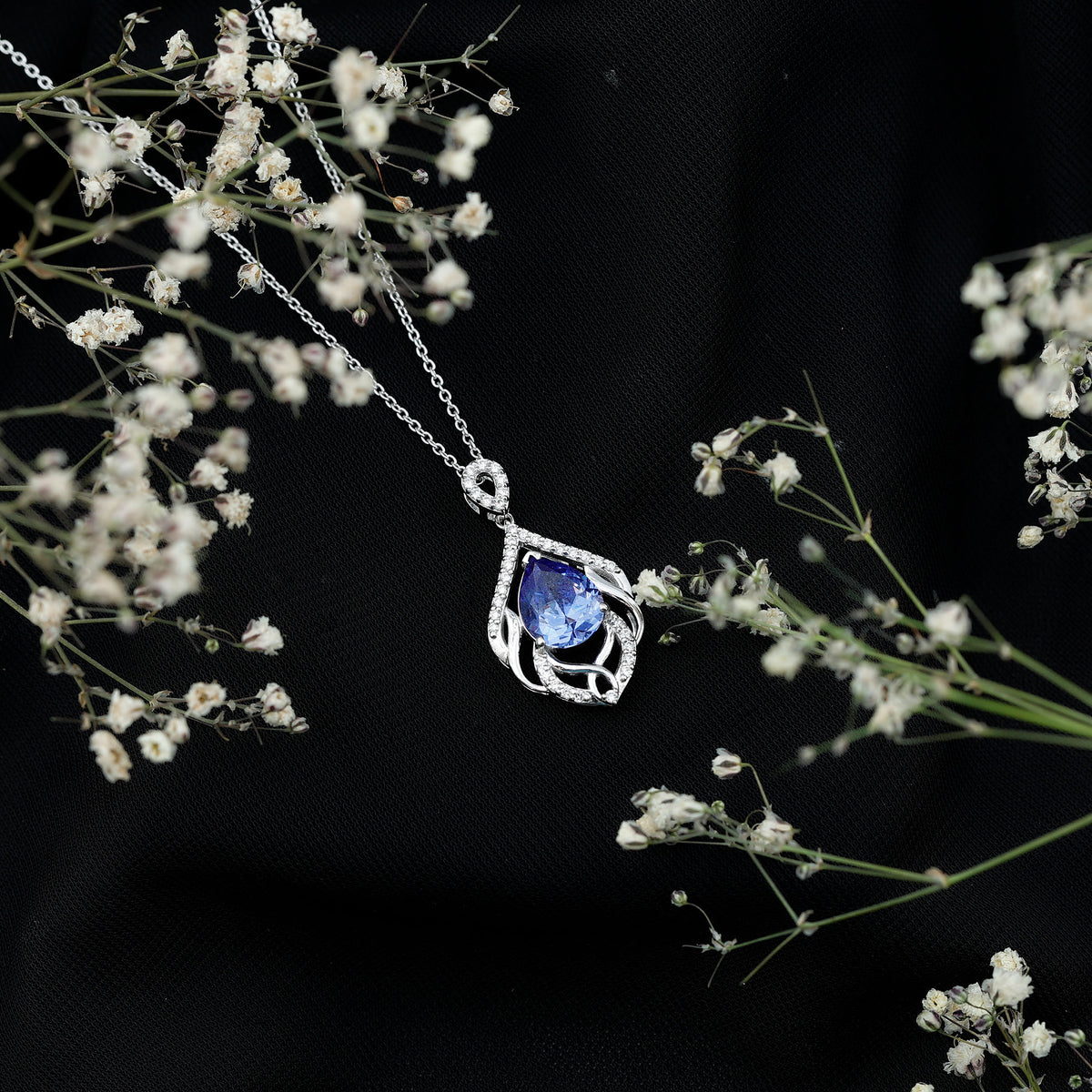 Certified Lab Grown Blue Sapphire Designer Necklace with Diamond Accent AAAA - Rosec Jewels
