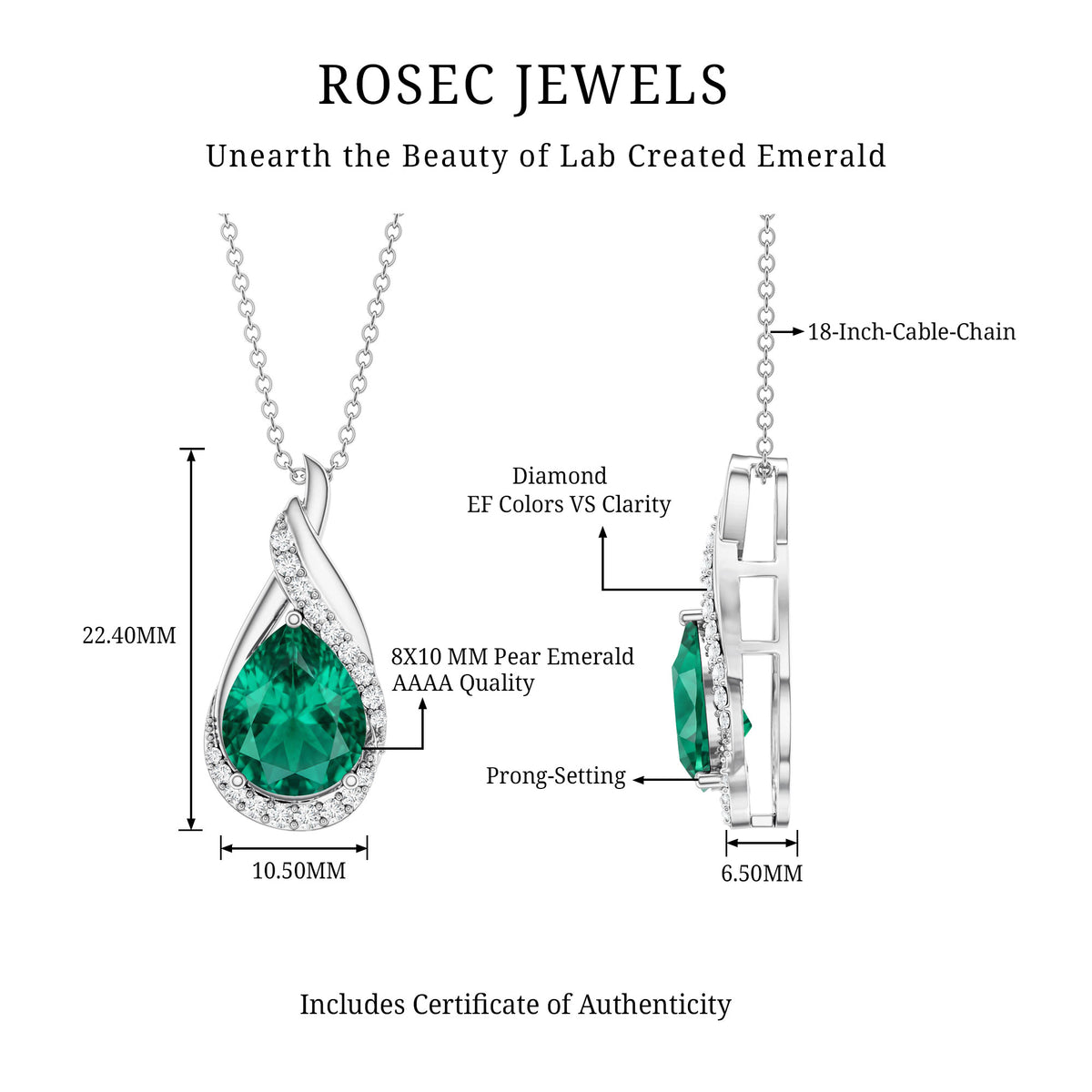 Lab Grown Emerald Vintage Inspired Necklace with Diamond AAAA - Rosec Jewels
