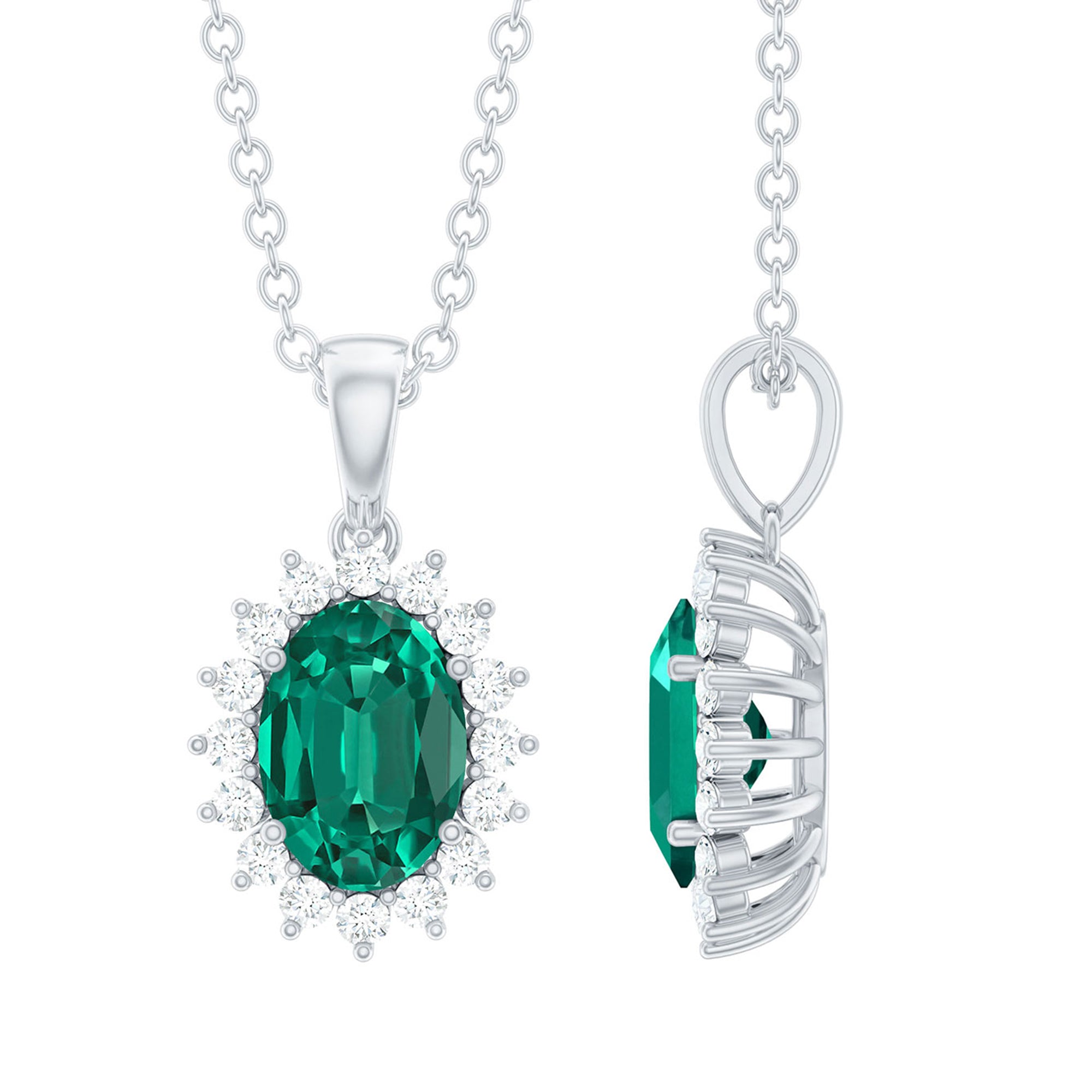 Oval Cut 5X7 MM Lab Created Emerald Halo Pendant with Moissanite