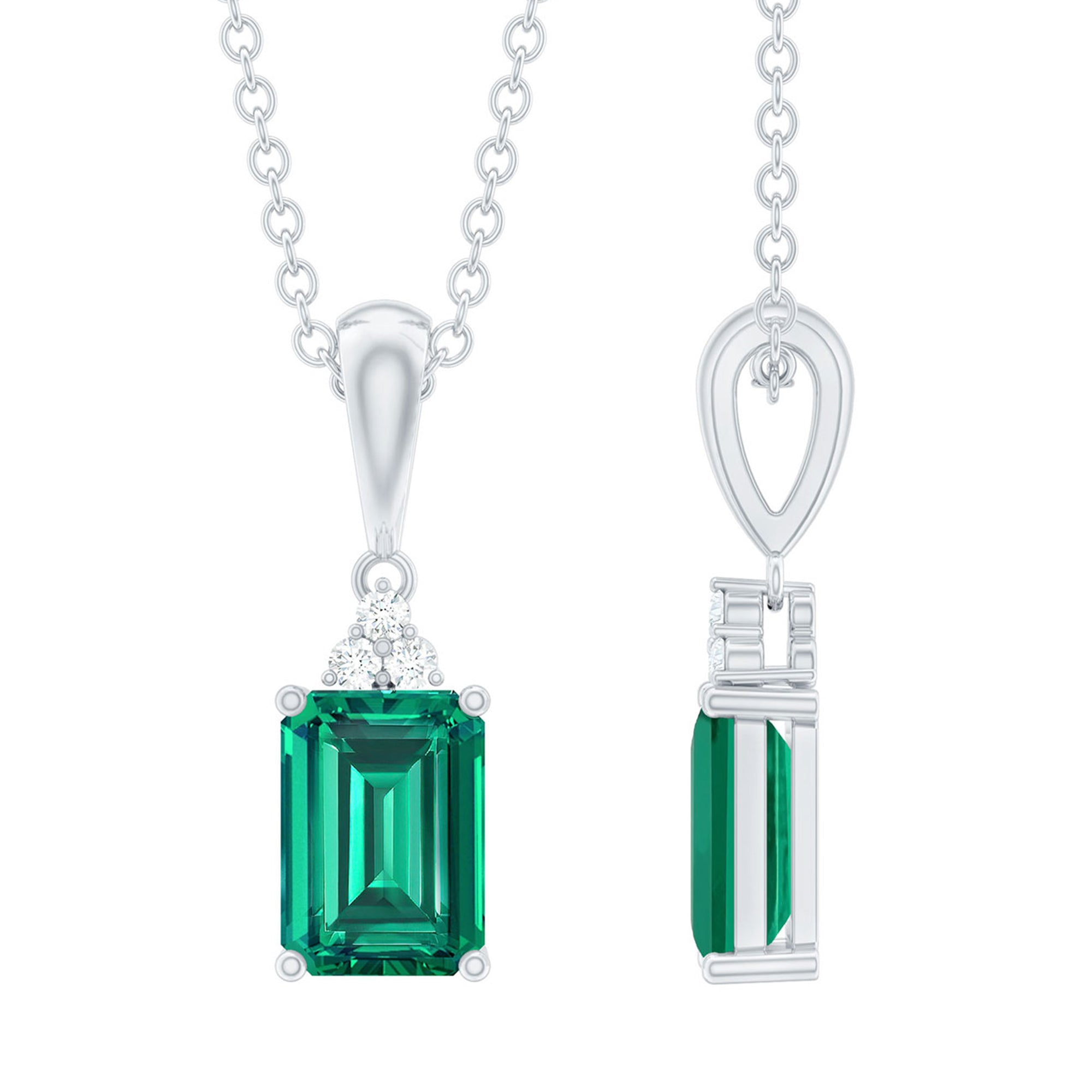 6X8 MM Emerald Cut Lab Grown Emerald Solitaire Necklace in White Gold Plated Silver