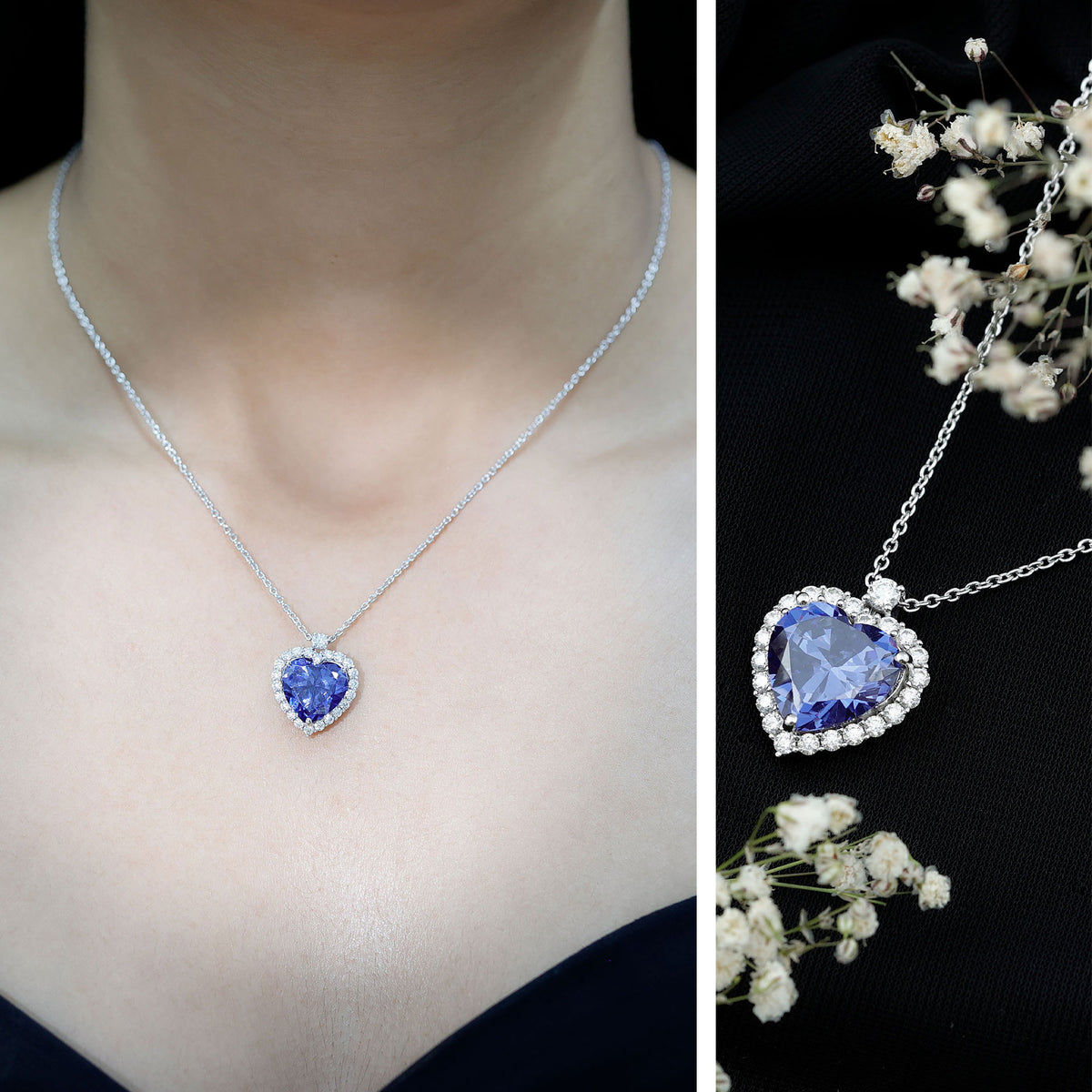 Lab Grown Blue Sapphire Heart of the Ocean Necklace AAAA - Rosec Jewels