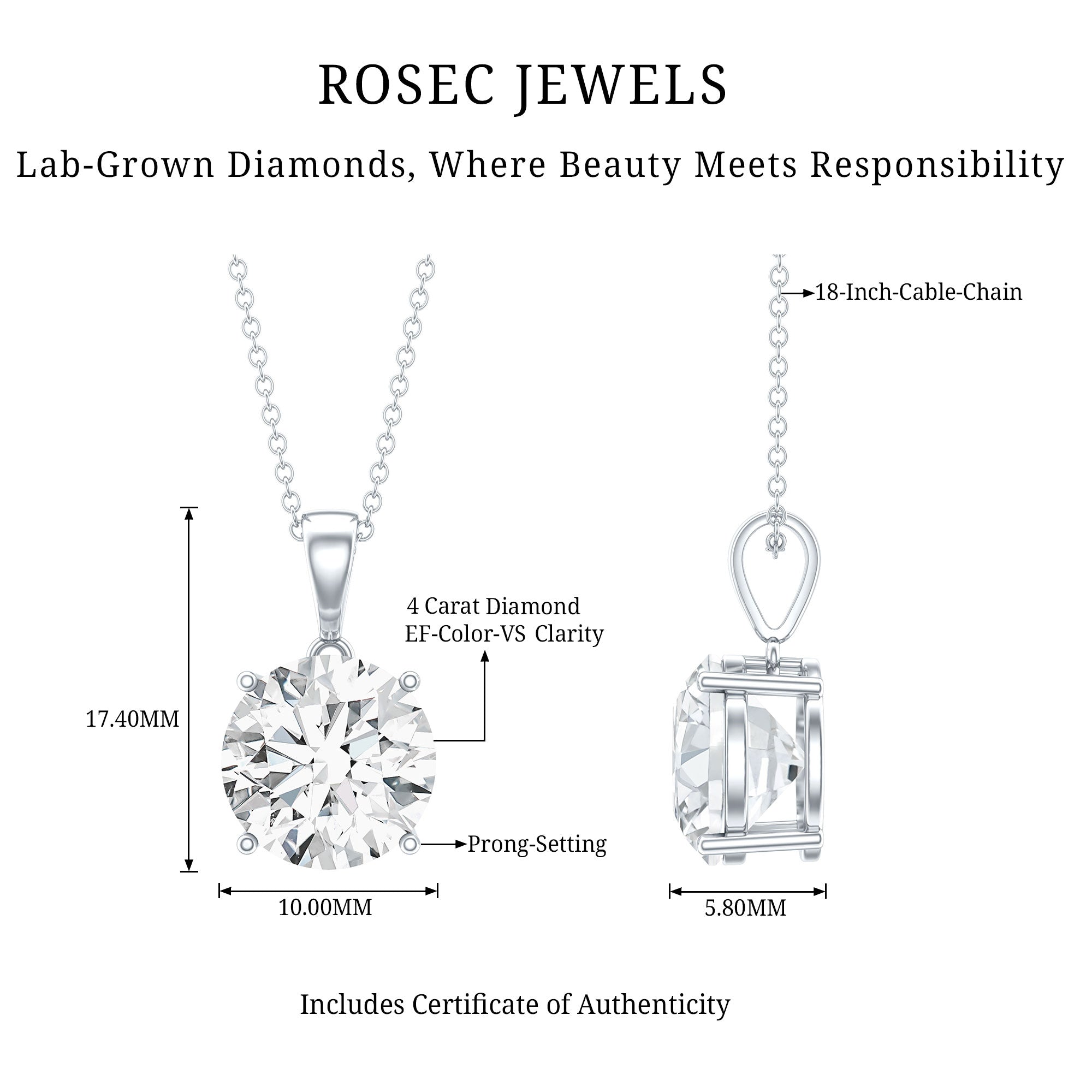 4 Carat IGI Certified Lab Grown Diamond Pendant Necklace Lab - ( E-VS1 ) - Rosec Jewels