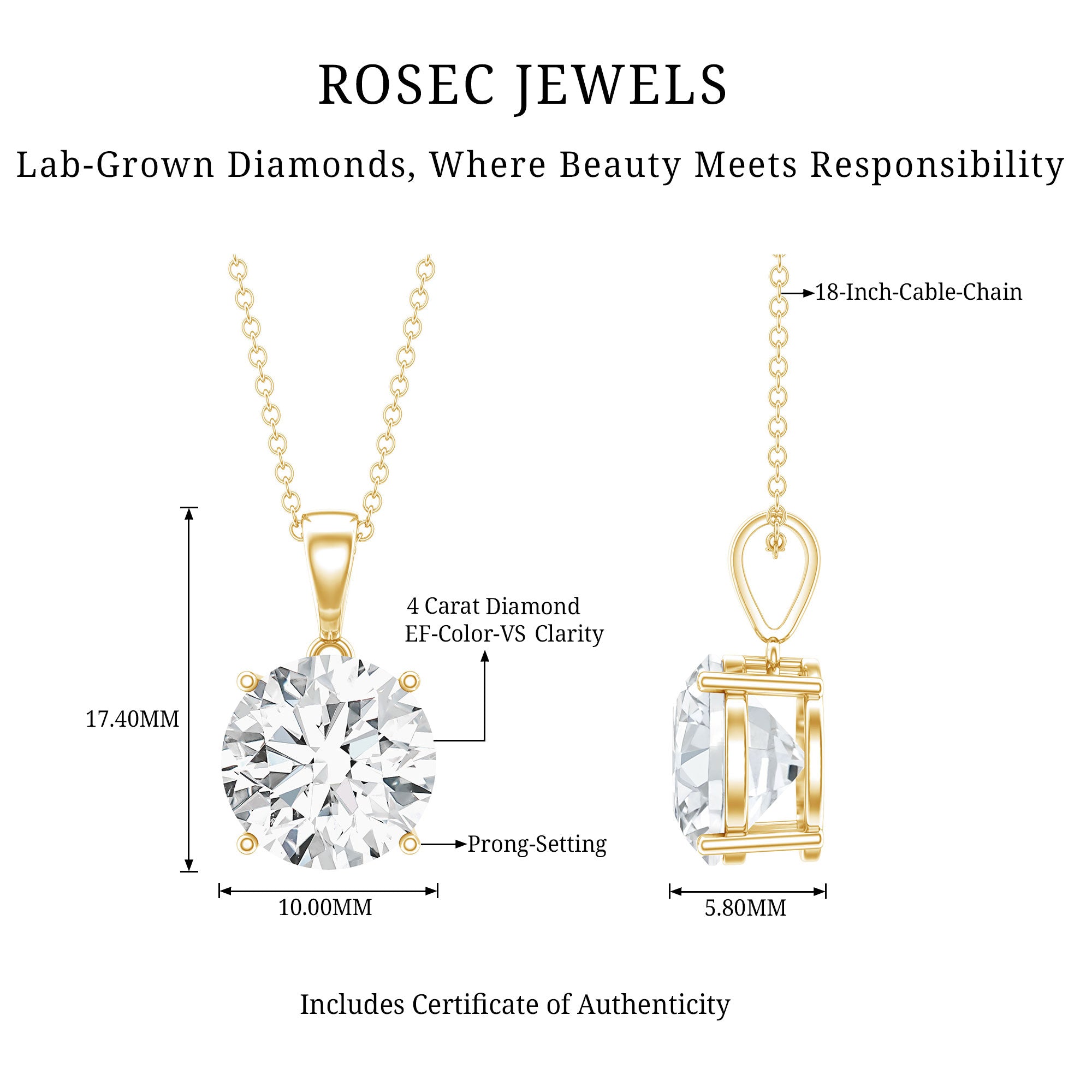 4 Carat IGI Certified Lab Grown Diamond Pendant Necklace Lab - ( E-VS1 ) - Rosec Jewels