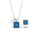 3 Carat London Blue Topaz and Moissanite Two Stone Pendant Earrings Set AAA - Rosec Jewels