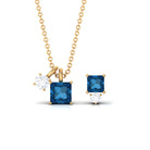 3 Carat London Blue Topaz and Moissanite Two Stone Pendant Earrings Set AAA - Rosec Jewels