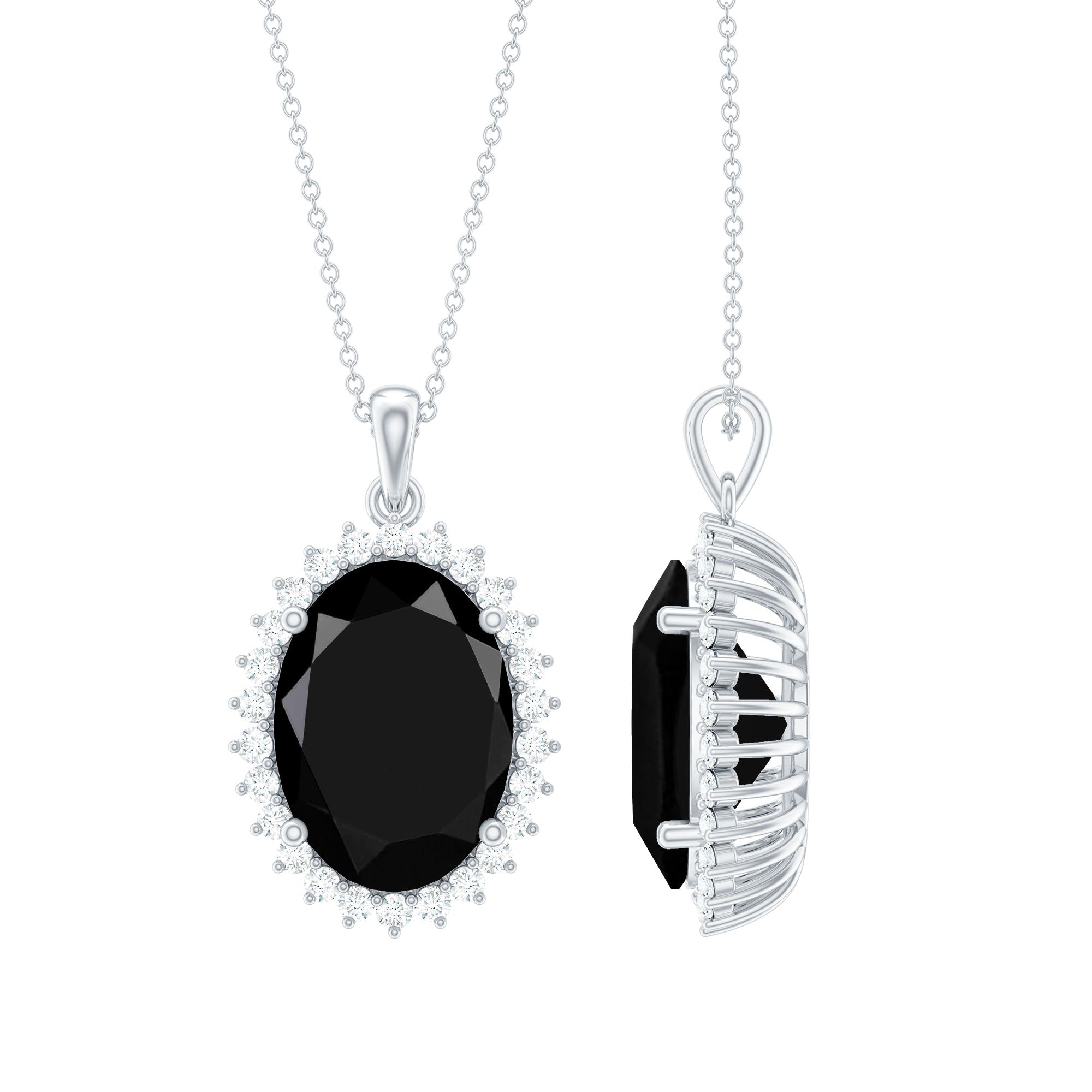 13X18mm Oval Lab Grown Black Diamond Cocktail Necklace With Silver Chain