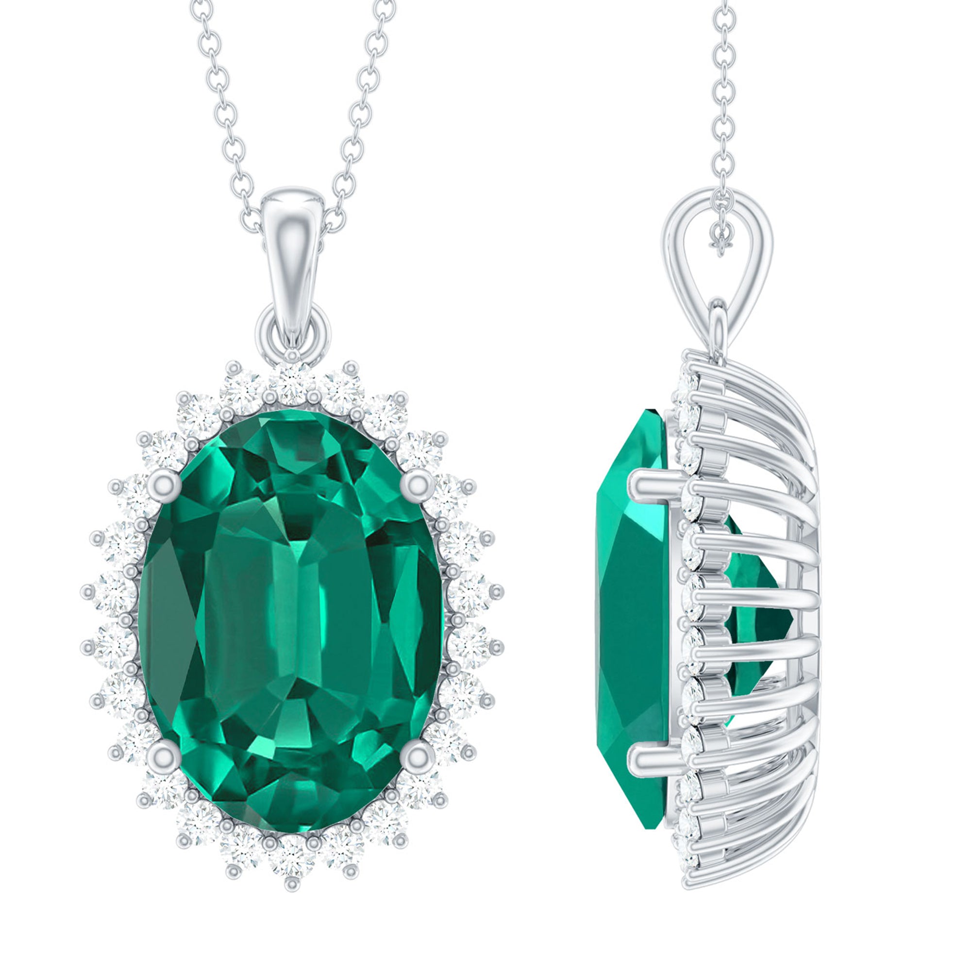 13X18 MM Lab Grown Emerald Statement Necklace With Silver Chain