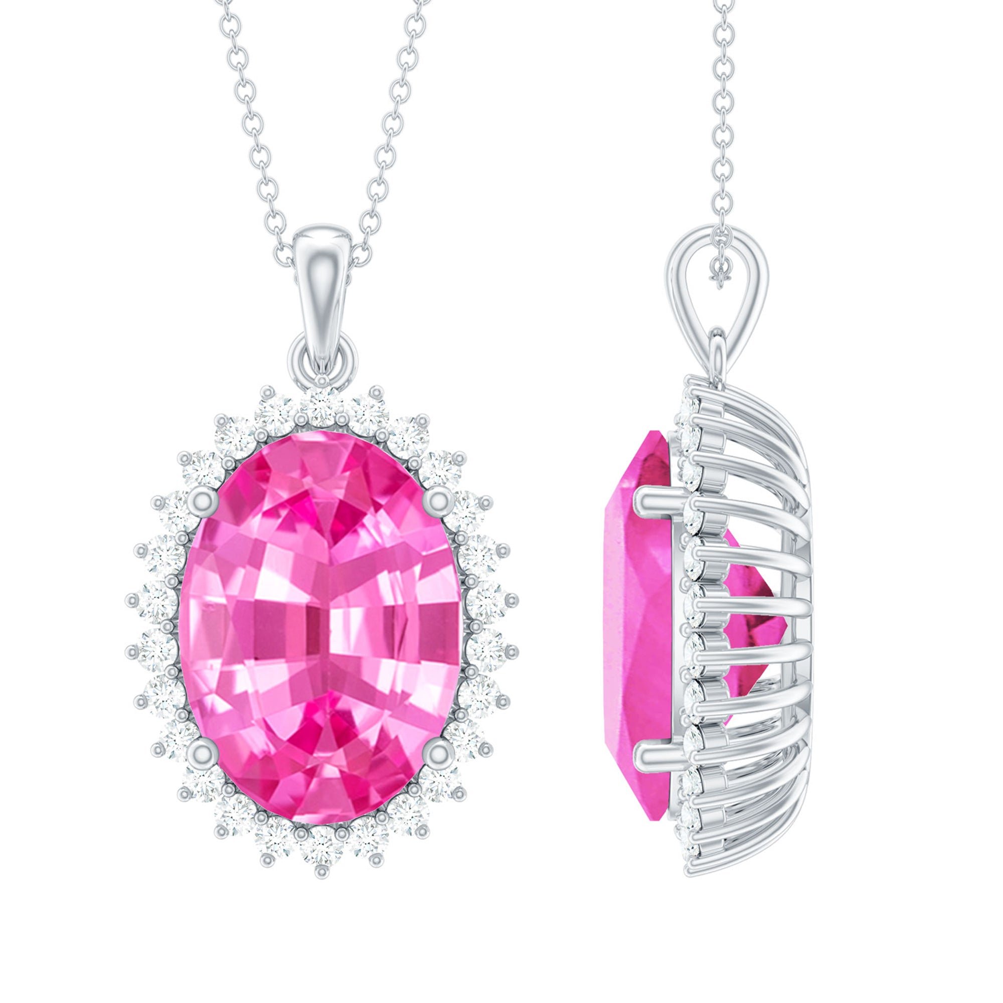 Elegant 13X18 MM Lab Pink Sapphire Bridal Necklace With Silver Chain