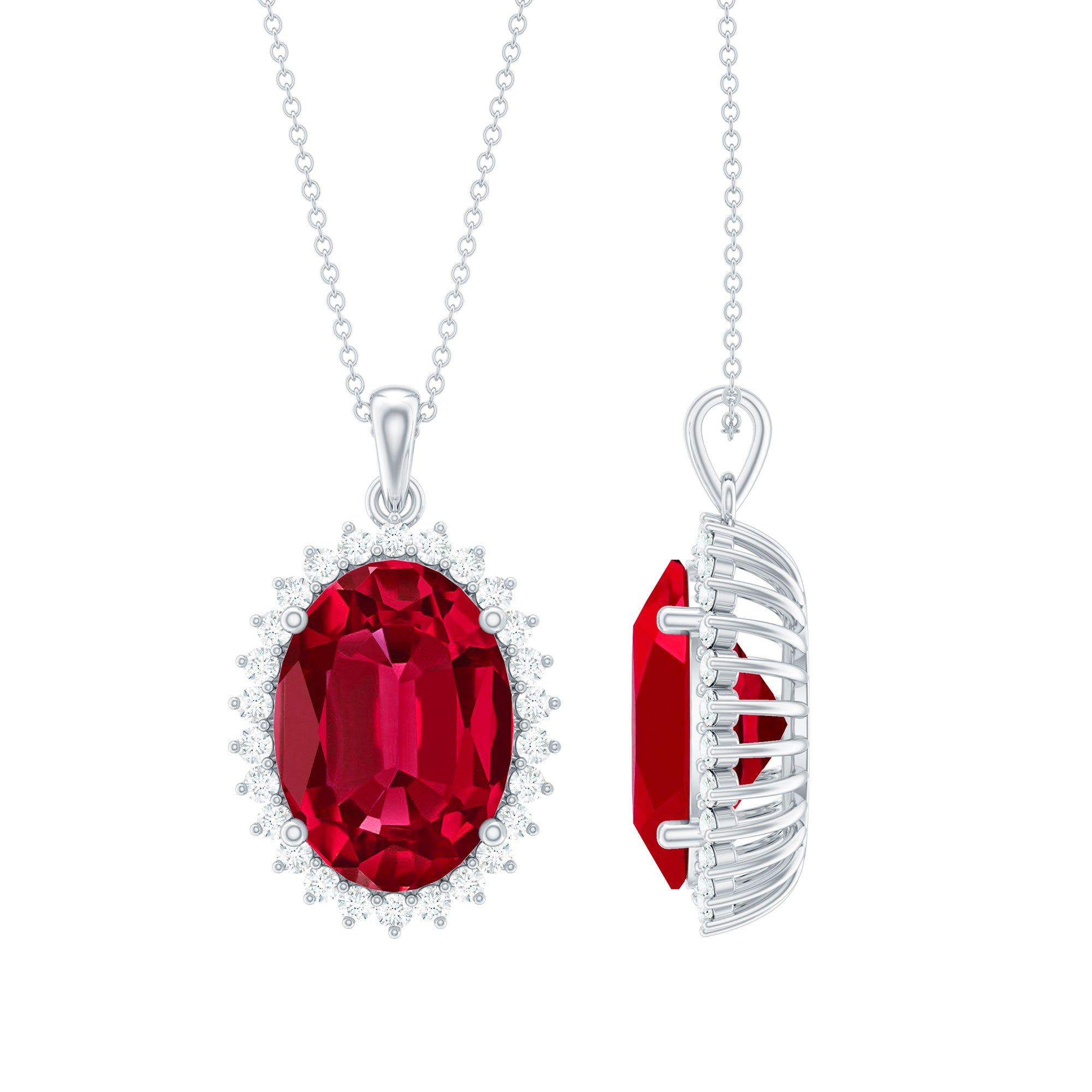 Lab Grown Ruby 13X18 mm Cocktail Necklace With Silver Chain