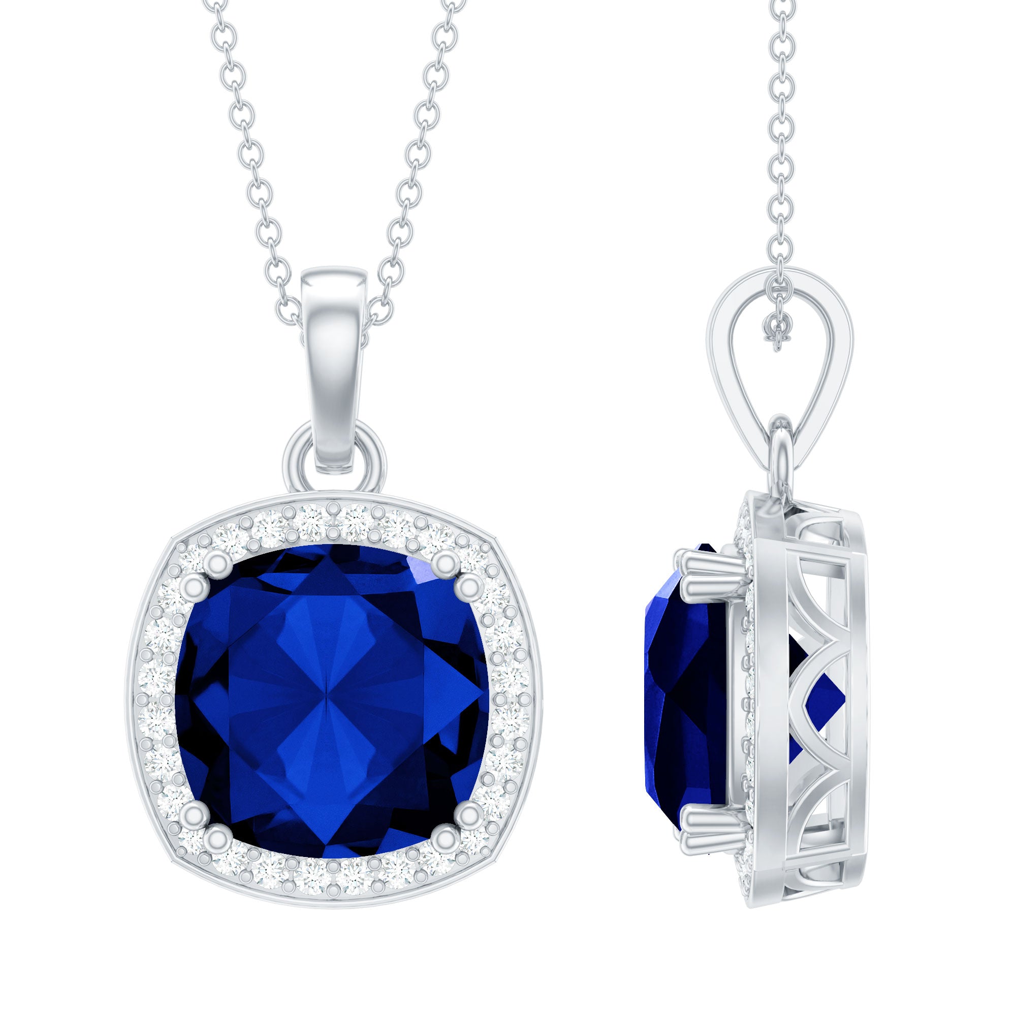 Rosec Jewels-Certified 12 MM Cushion Lab Grown Blue Sapphire Halo Necklace