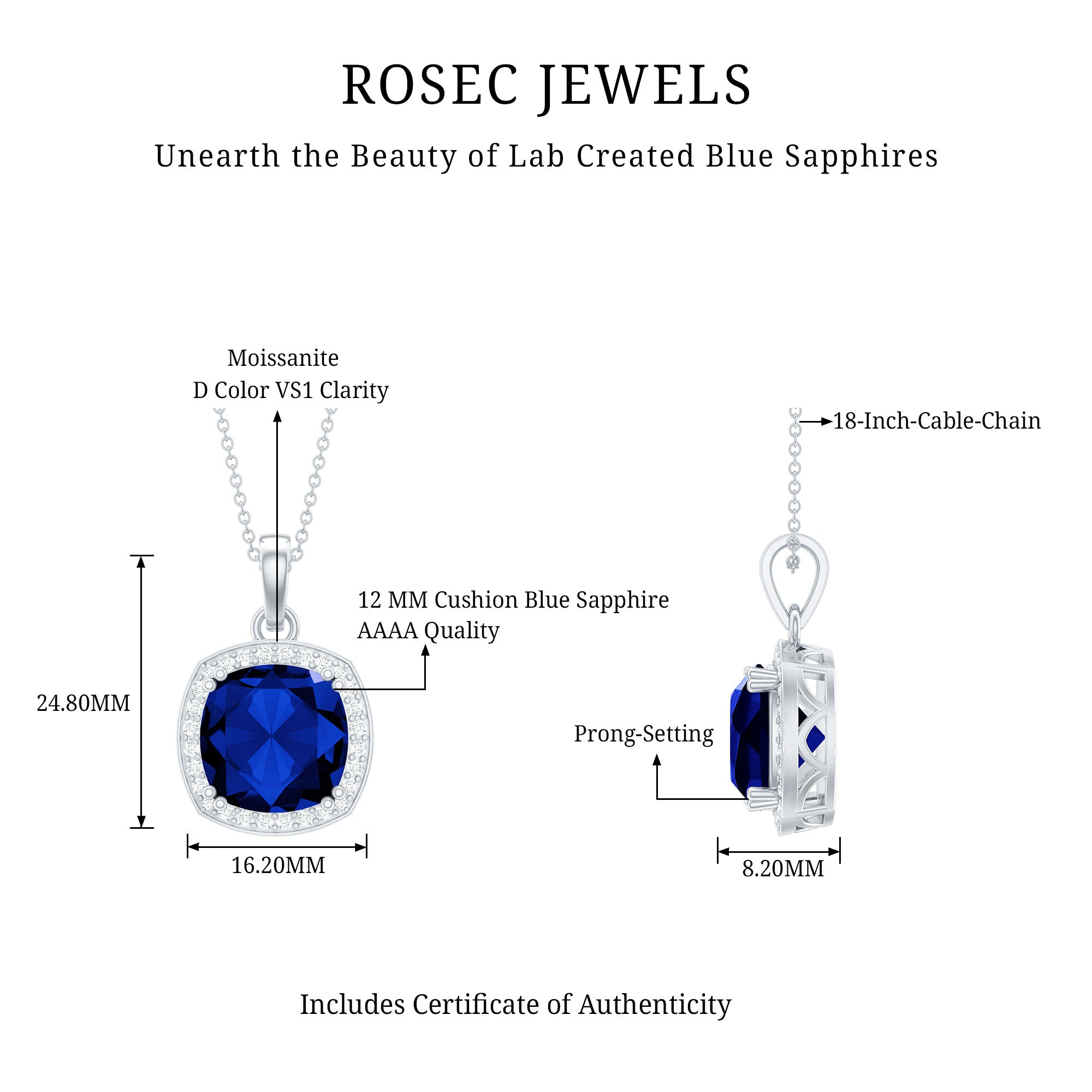 Rosec Jewels-Certified 12 MM Cushion Lab Grown Blue Sapphire Halo Necklace