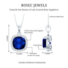 Certified 12 MM Cushion Lab Grown Blue Sapphire Halo Necklace AAAA - Rosec Jewels