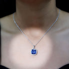 Certified 12 MM Cushion Lab Grown Blue Sapphire Halo Necklace AAAA - Rosec Jewels