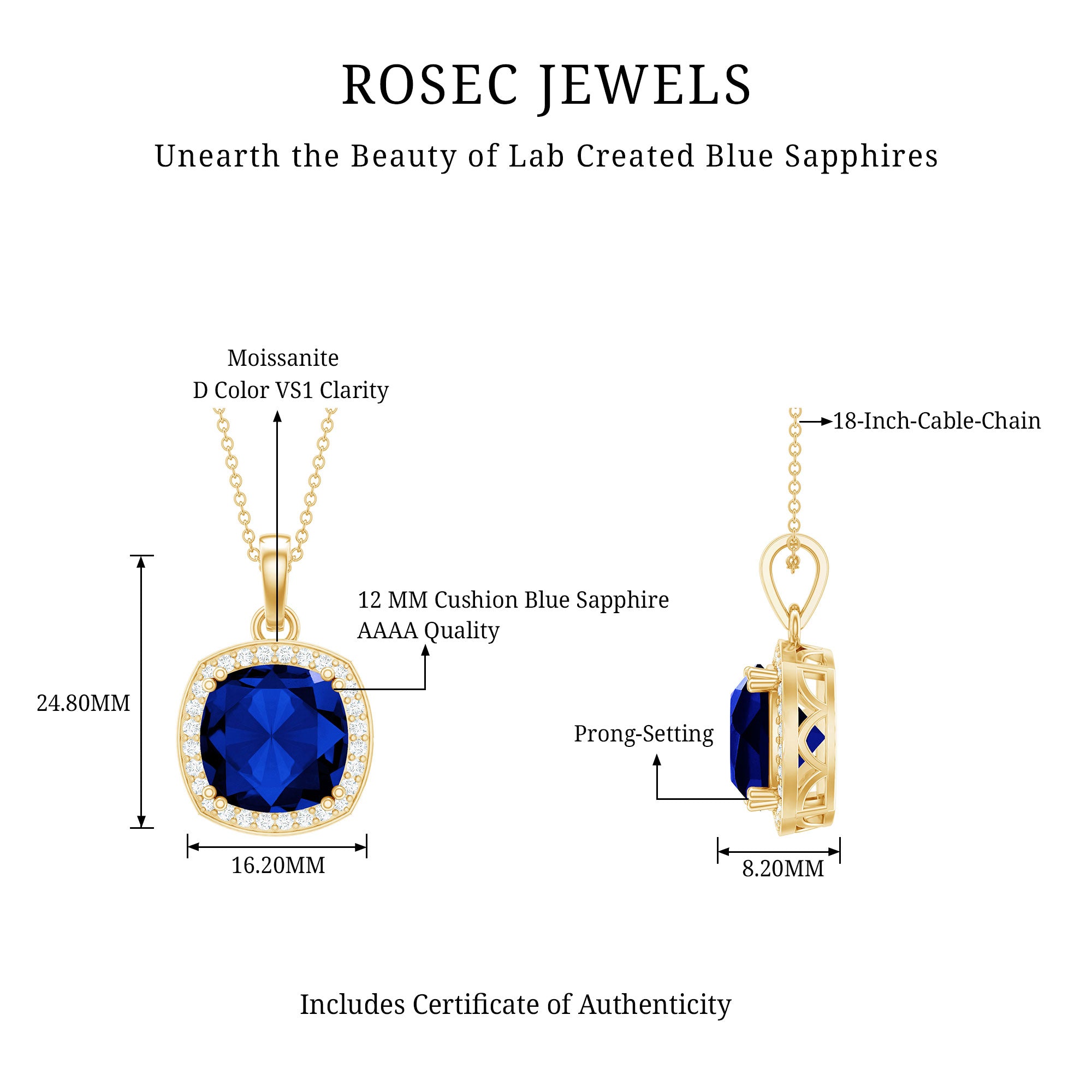 Rosec Jewels-Certified 12 MM Cushion Lab Grown Blue Sapphire Halo Necklace