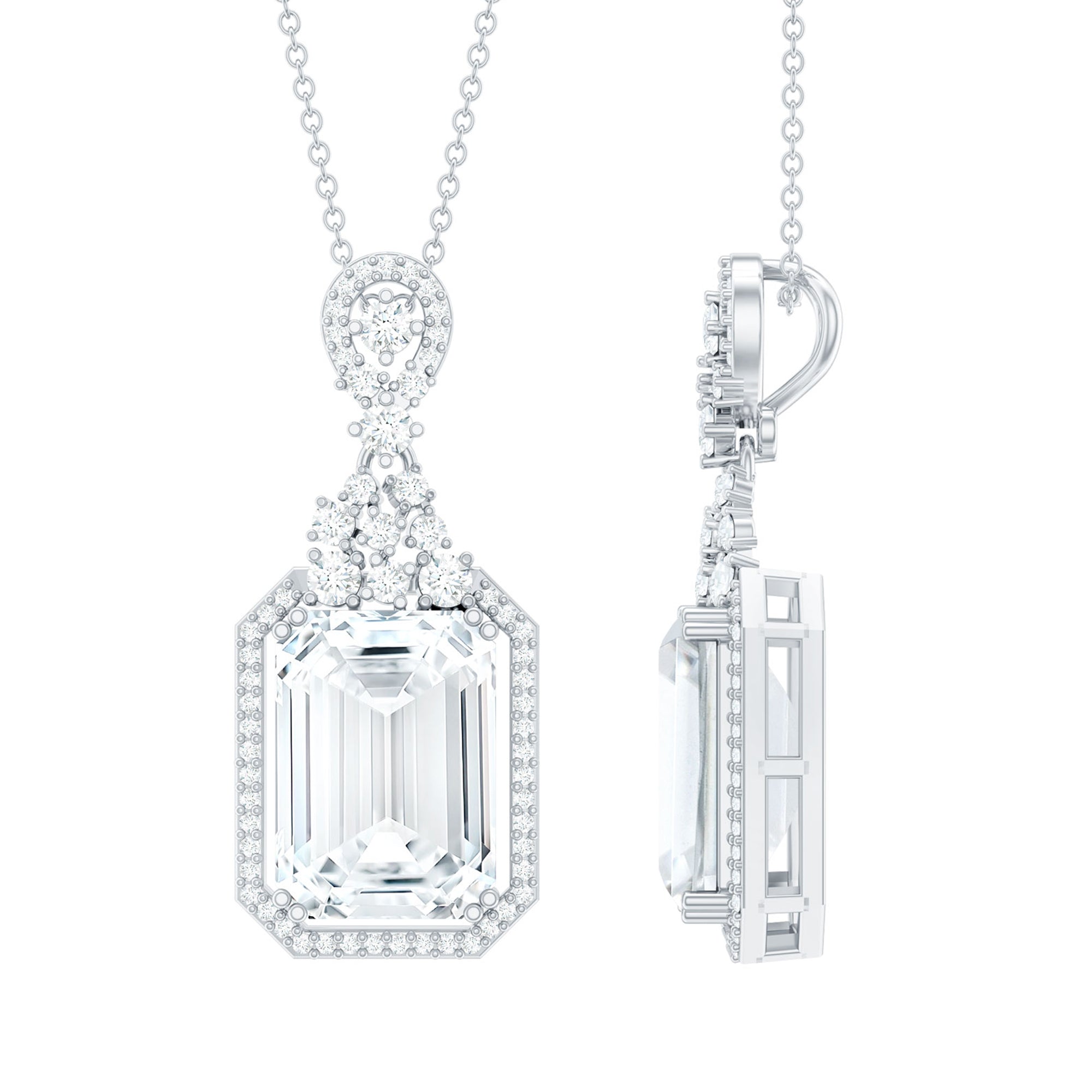10X14 MM Emerald Cut Moissanite Wedding Necklace With Silver Chain