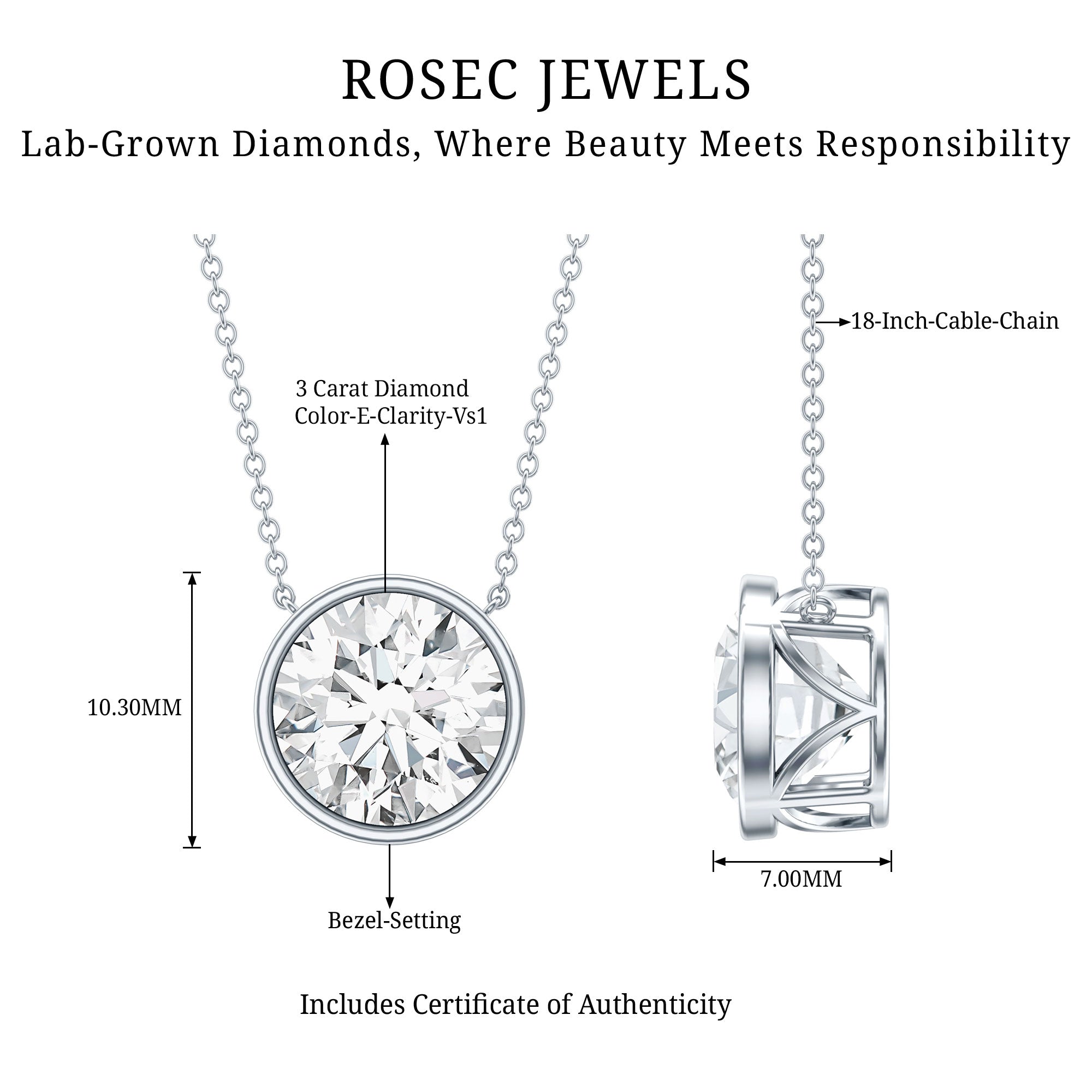 IGI Certified 3 Carat Lab Grown Diamond Solitaire Necklace for Women Lab - ( E-VS1 ) - Rosec Jewels
