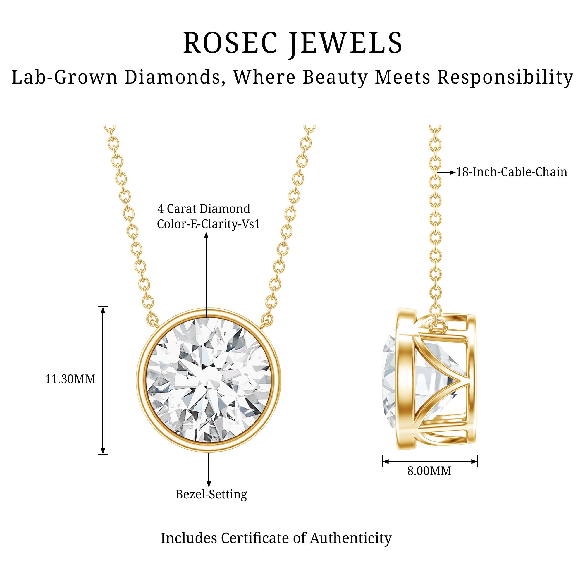 4 Carat Bezel Set Lab Grown Diamond Necklace with IGI Certificate Lab - ( E-VS1 ) - Rosec Jewels