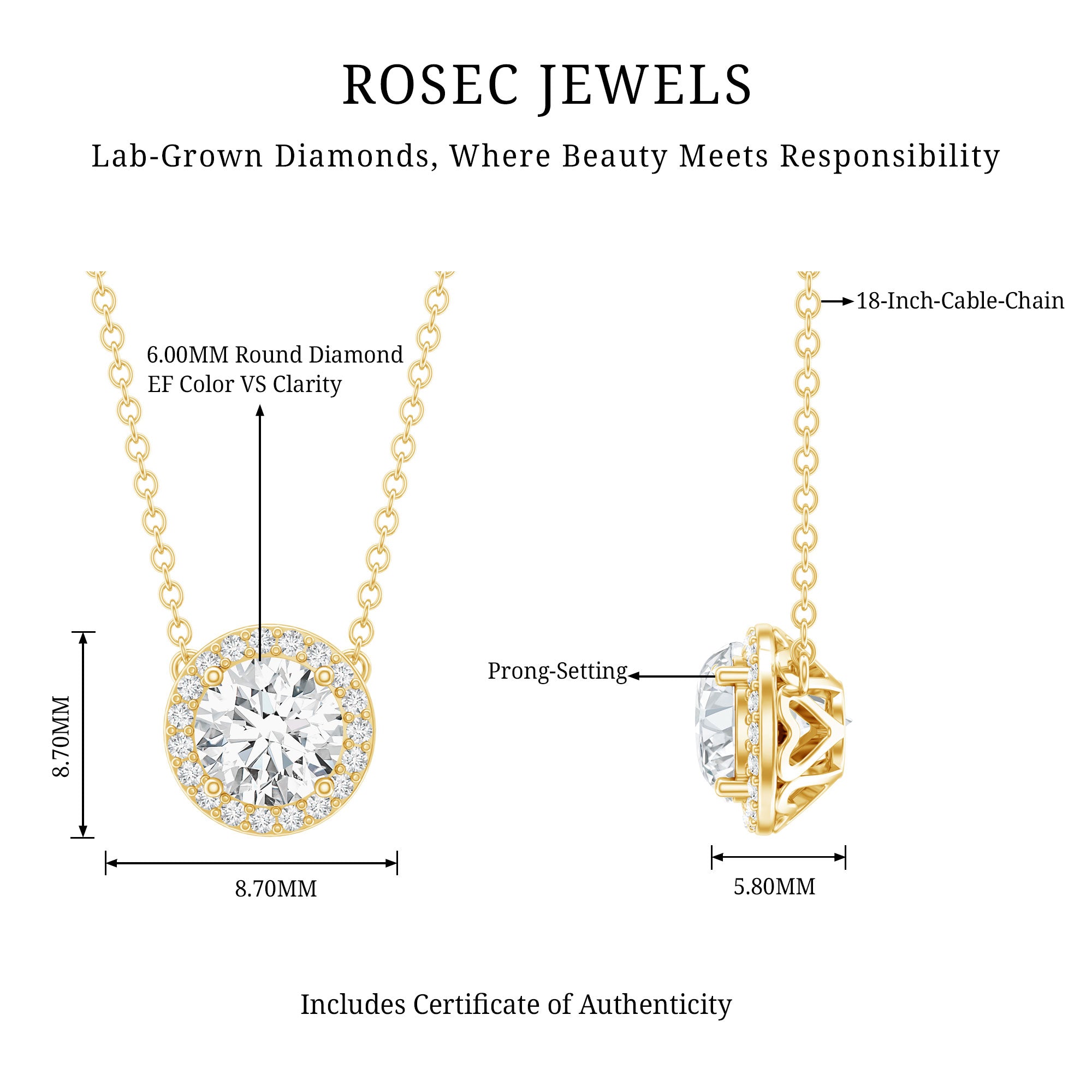Rosec Jewels-1 Carat Lab Grown Diamond Bridal Necklace with IGI Certificate