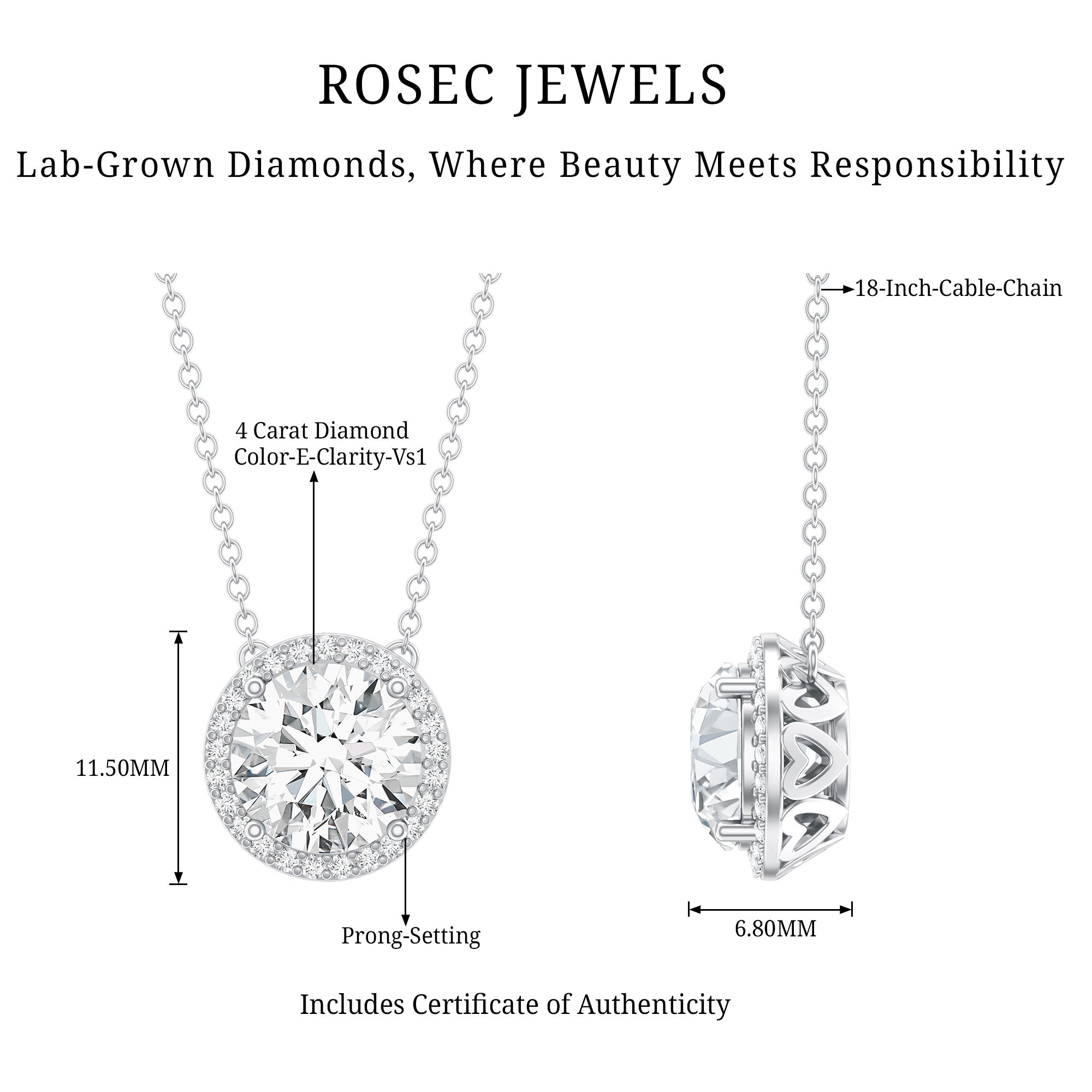 IGI Certified 4 Carat Round Lab Grown Diamond Statement Necklace Lab - ( E-VS1 ) - Rosec Jewels
