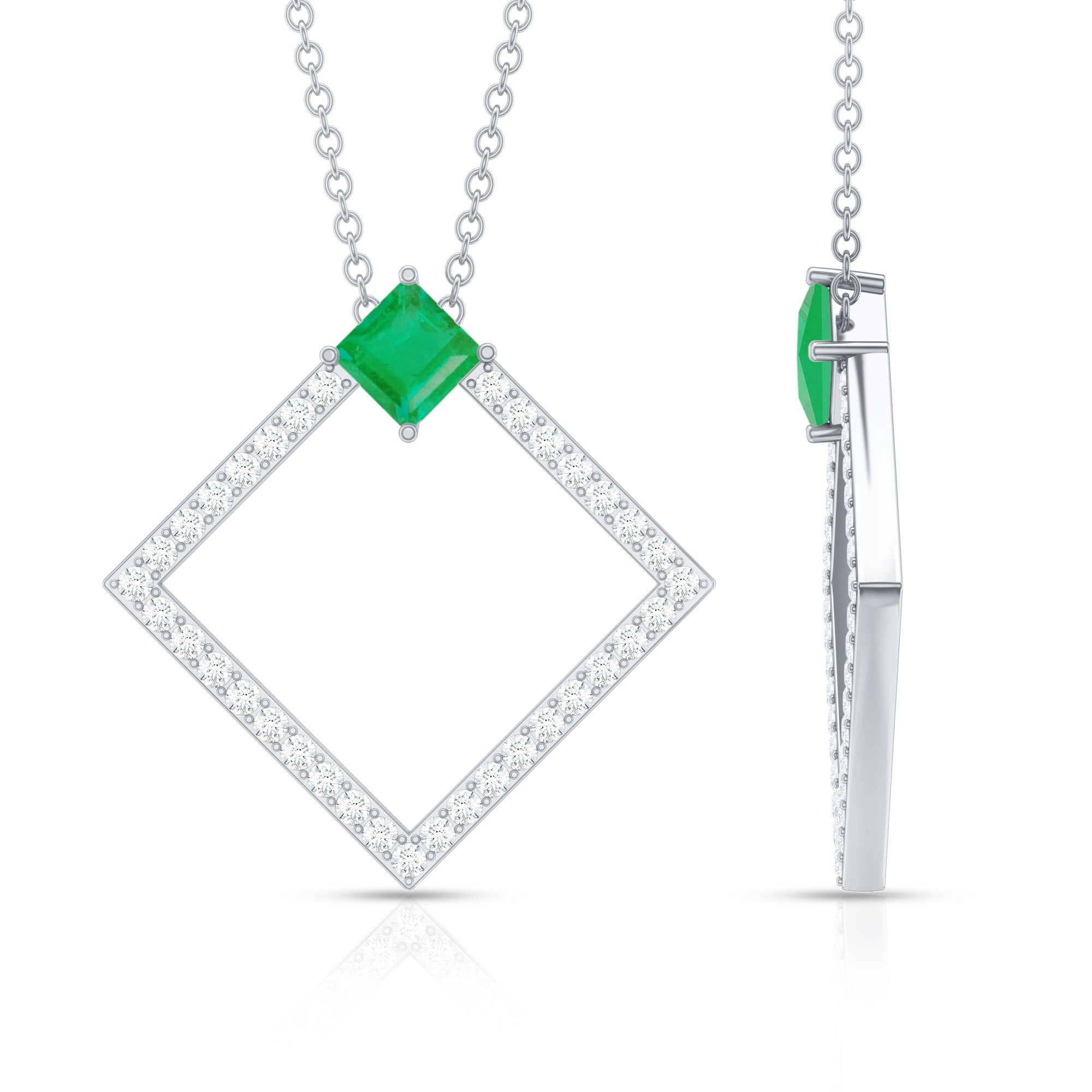 Princess Cut Emerald and Diamond Square Necklace AAA - Rosec Jewels