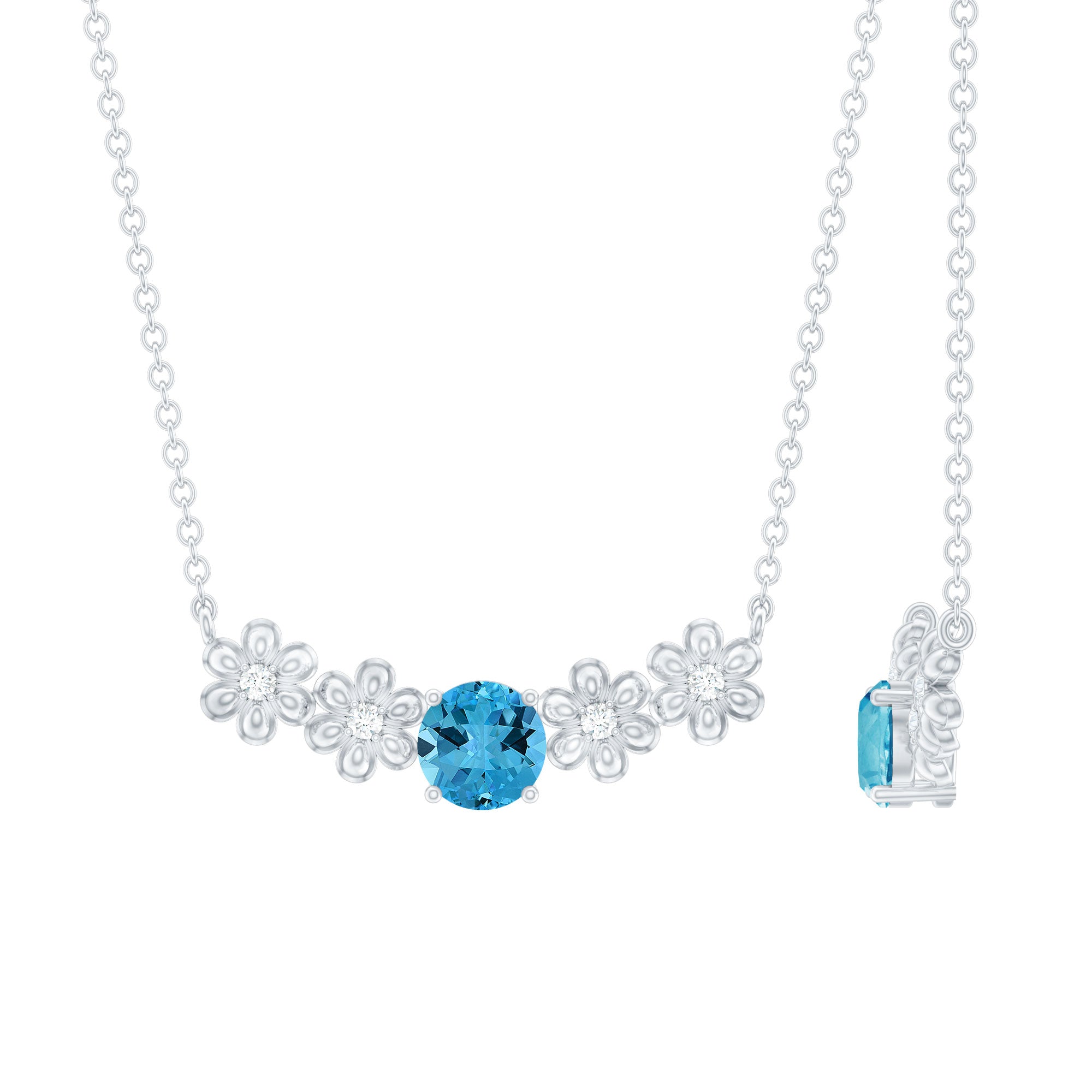 Gold Floral Minimal Necklace with Swiss Blue Topaz and Diamond