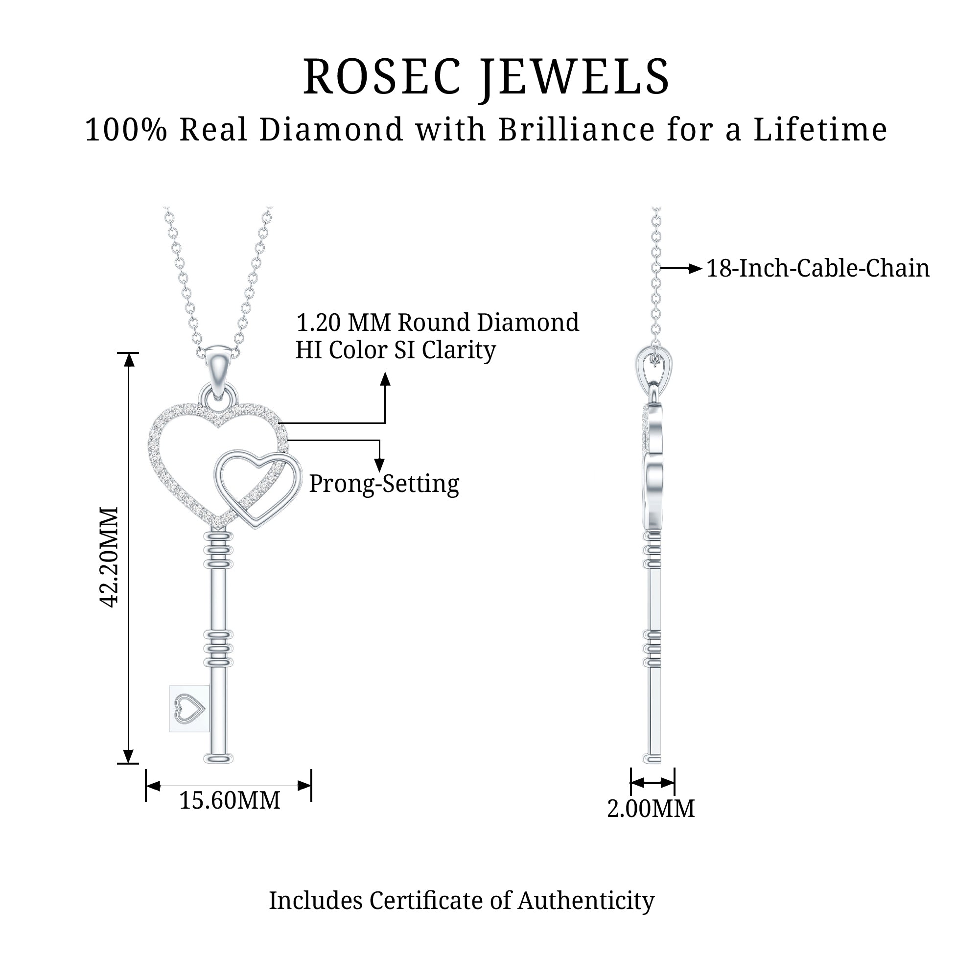 Diamond Key To My Heart Necklace for Women Natural - ( HI-SI ) - Rosec Jewels