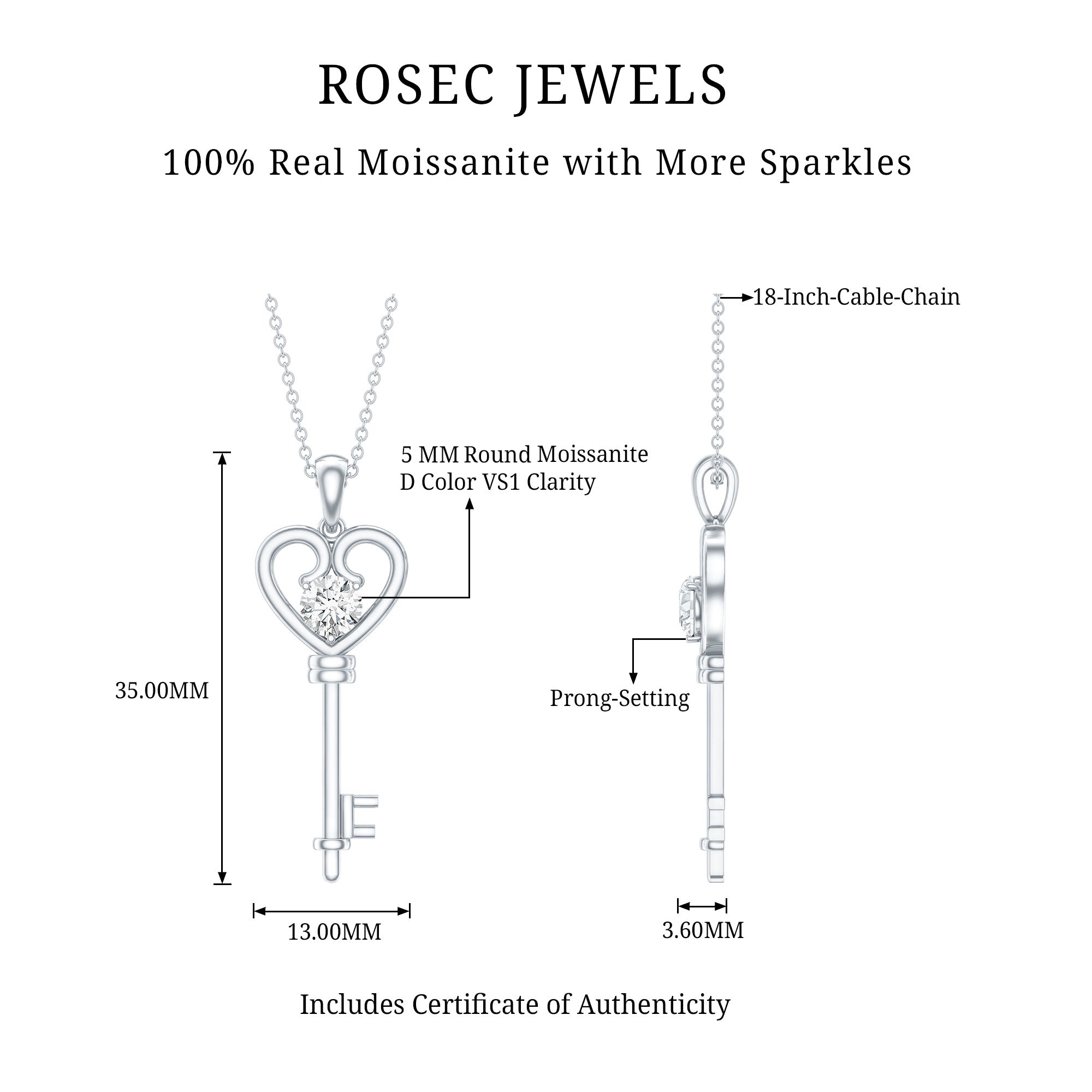 Certified Moissanite Heart and Key Pendant Necklace D-VS1 - Rosec Jewels