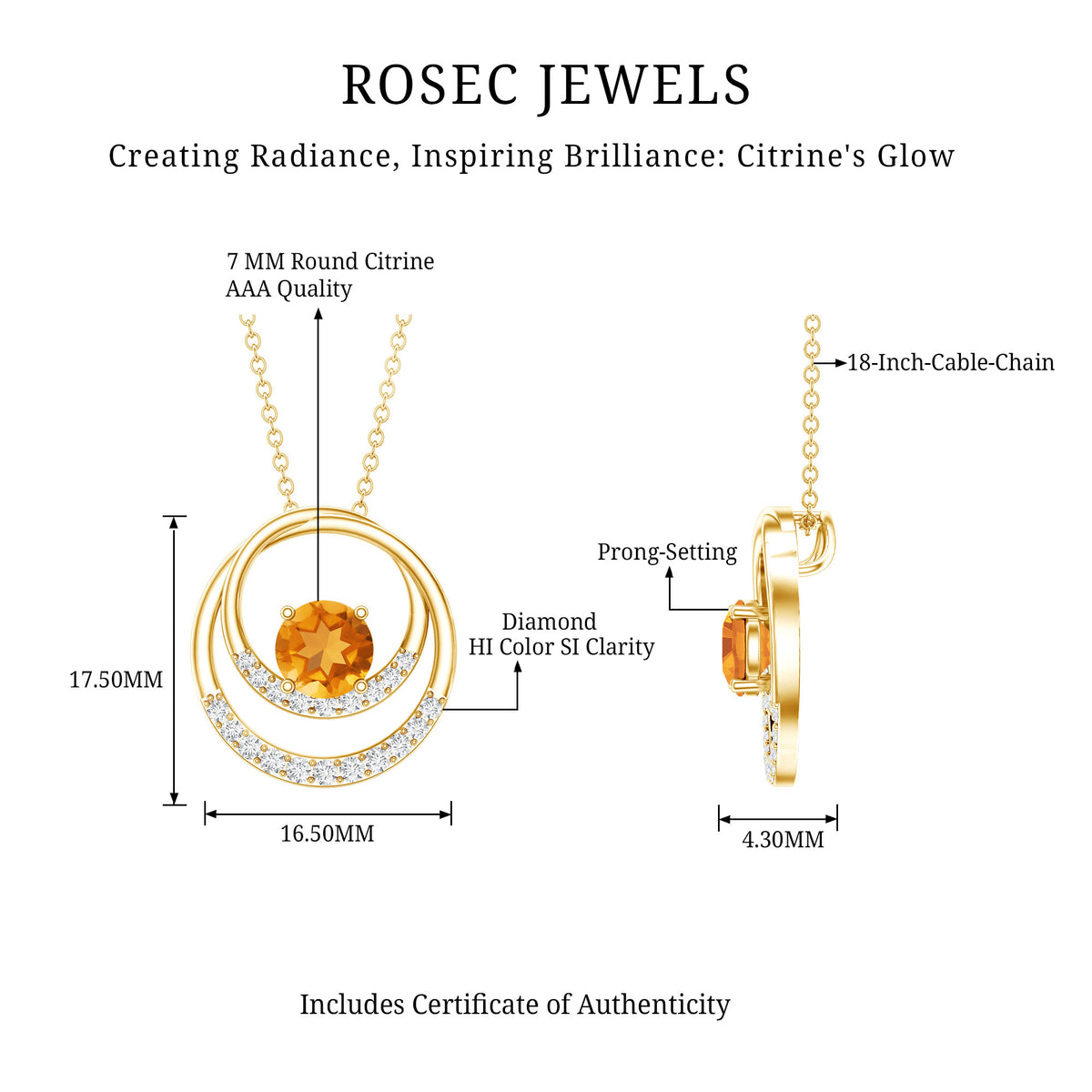 Natural 1.2 Carat Citrine Circle in Circle Necklace with Diamond AAA - Rosec Jewels