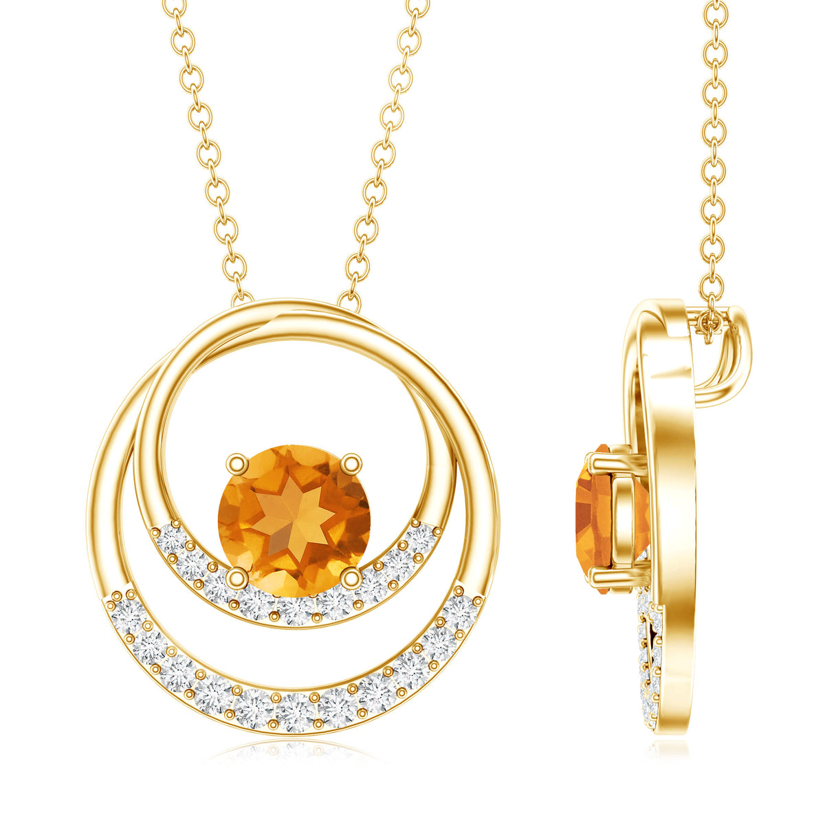 Natural 1.2 Carat Citrine Circle in Circle Necklace with Diamond AAA - Rosec Jewels