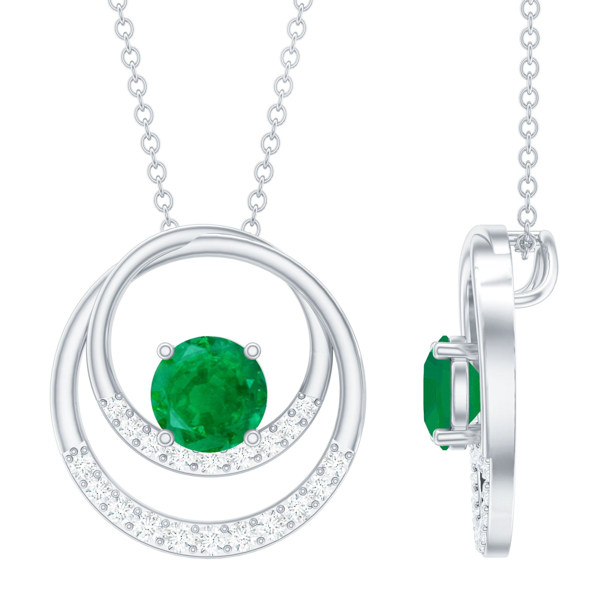 Round Emerald Open Circle Pendant Necklace with Diamond
