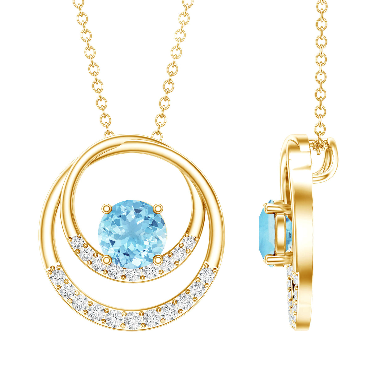 Natural Aquamarine Eternity Circle in Circle Necklace with Diamond AAA - Rosec Jewels