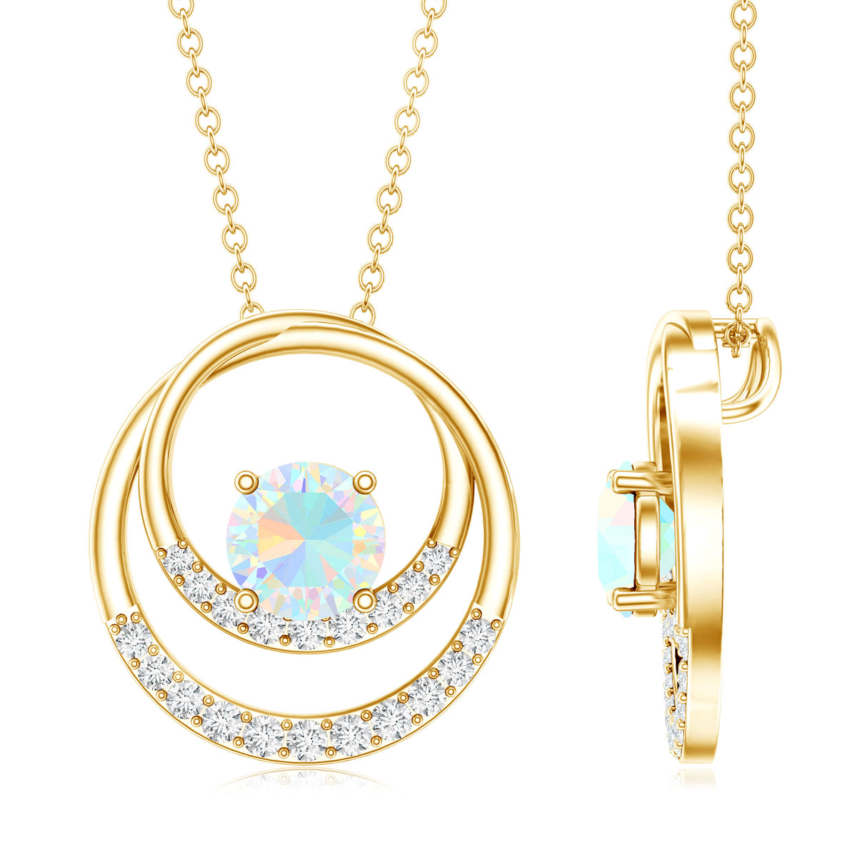 Natural Ethiopian Opal Double Circle Pendant Necklace with Diamond AAA - Rosec Jewels